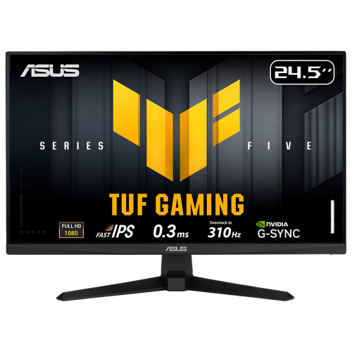 ASUS TUF Gaming monitör. Siyah çerçeve, sarı logo. Özellikler: 24,5", Full HD, Fast IPS, 0,3ms, 310Hz ve G-SYNC.