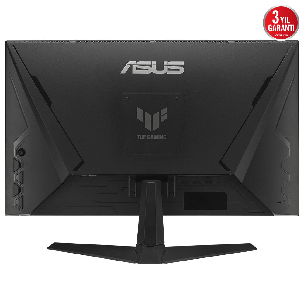 Siyah ASUS monitör, standlı. ASUS ve TUF Gaming logoları bulunur. Garanti etiketi sağ üst köşededir.