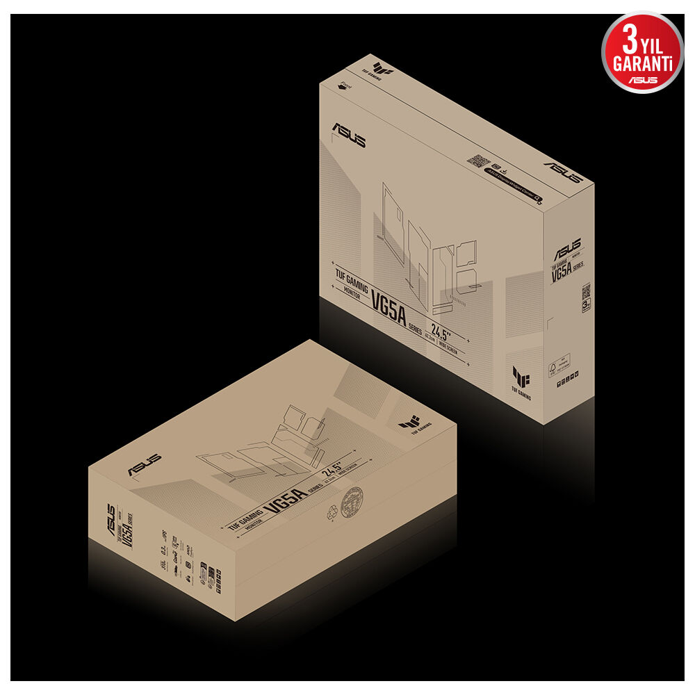 "TUF GAMING VG5A SERIES 24.5" yazılı iki ASUS monitör kutusu. Köşede bir garanti etiketi var.