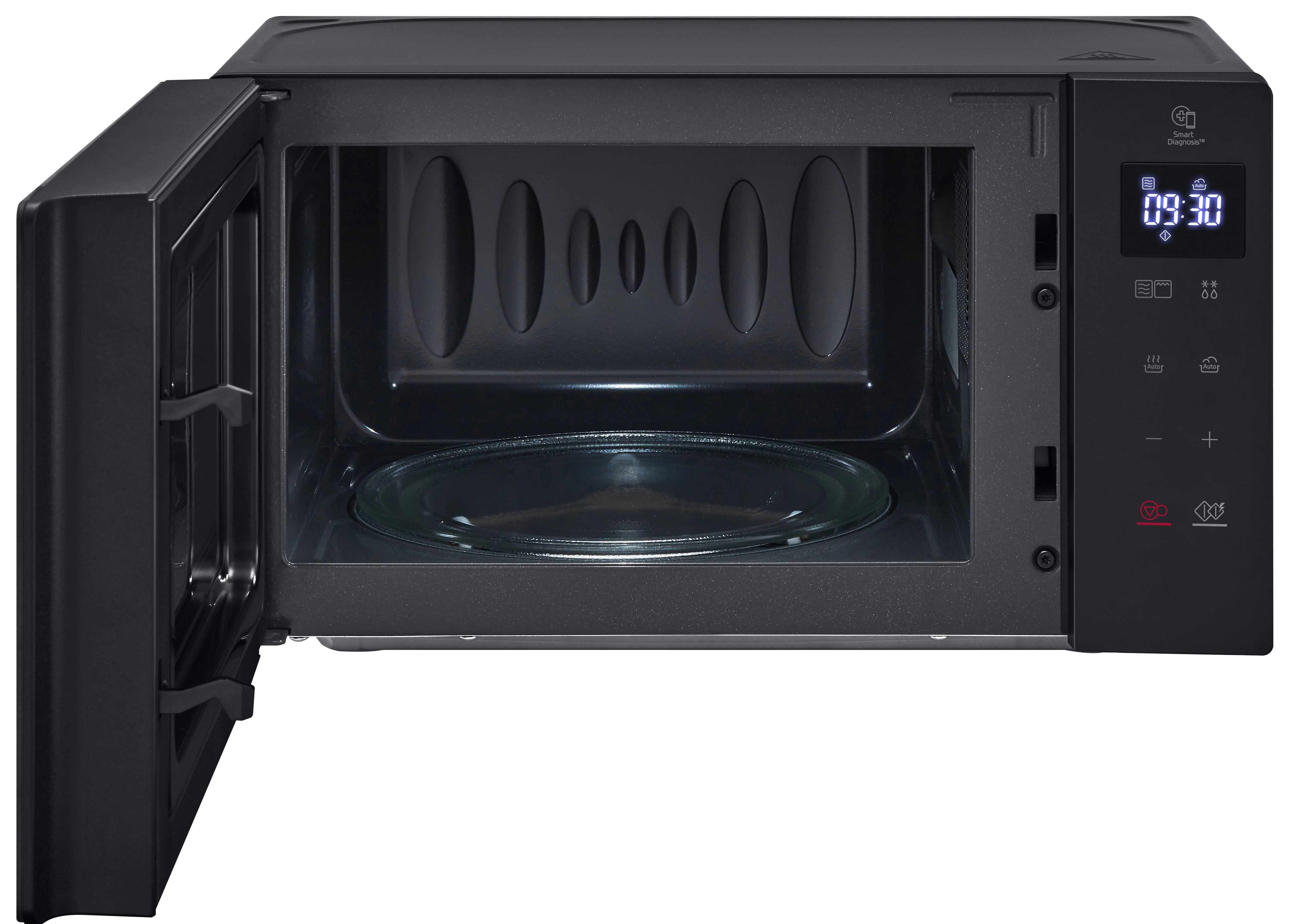 Otwarta czarna kuchenka mikrofalowa, drzwi uchylone. Szklany talerz w środku. Zegar cyfrowy pokazuje 09:30.