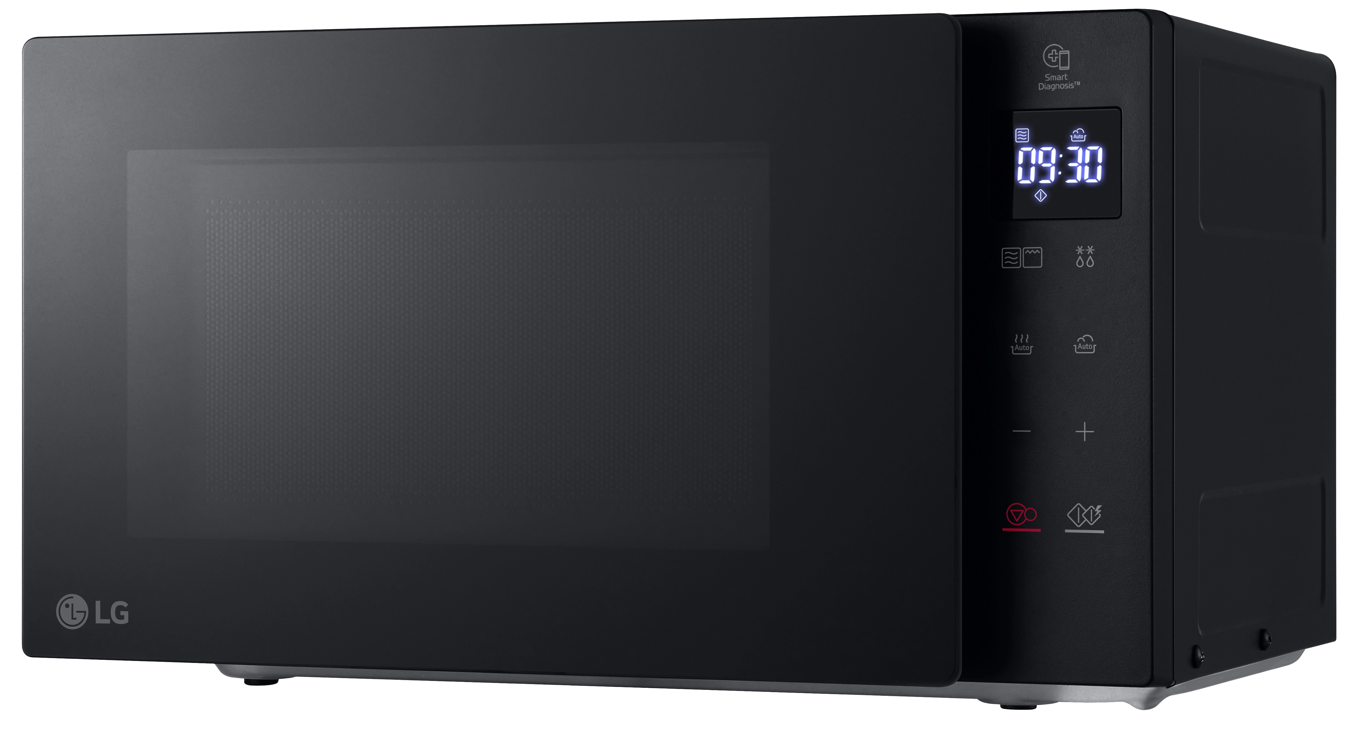 Czarna kuchenka mikrofalowa LG z cyfrowym zegarem wyświetlającym 09:30. Kuchenka ma przyciski sterowania i logo LG.