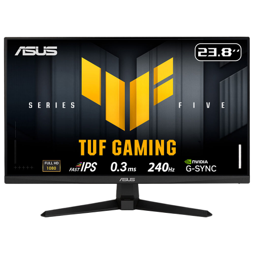 ASUS TUF Gaming monitör, 23,8", Full HD, 240Hz, Fast IPS, 0,3ms, G-SYNC. Siyah çerçeve, sarı logo, siyah stand.