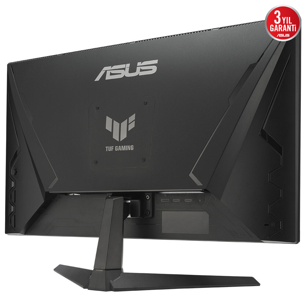 Siyah ASUS TUF Gaming monitör, arka görünüm. ASUS logosu, TUF Gaming logosu, portlar ve 3 yıl garanti etiketi içerir.