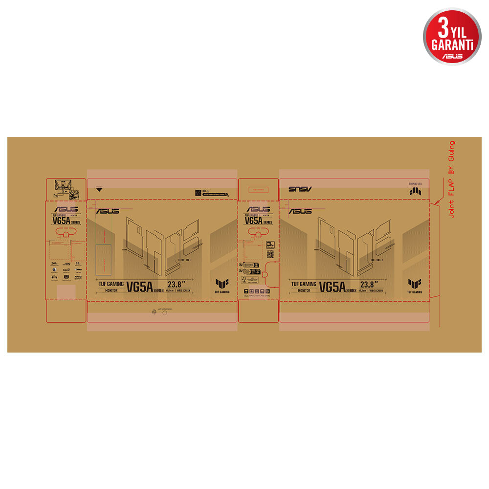 ASUS monitör detaylarının bulunduğu karton kutu. Logolar, ürün bilgileri ve garanti mührü içerir. Kutu kahverengi ve kırmızıdır.
