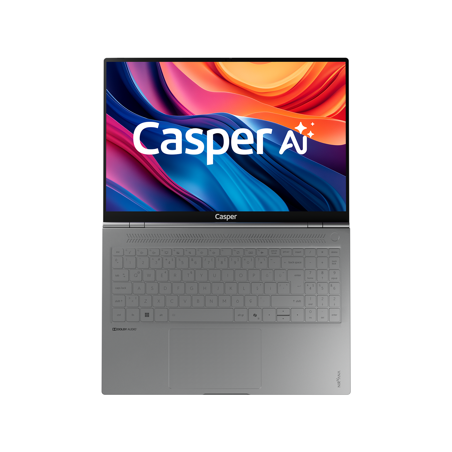 Gri bir Casper dizüstü bilgisayar açık. Ekran, soyut renkli bir arka plan üzerinde Casper AI logosunu gösteriyor.