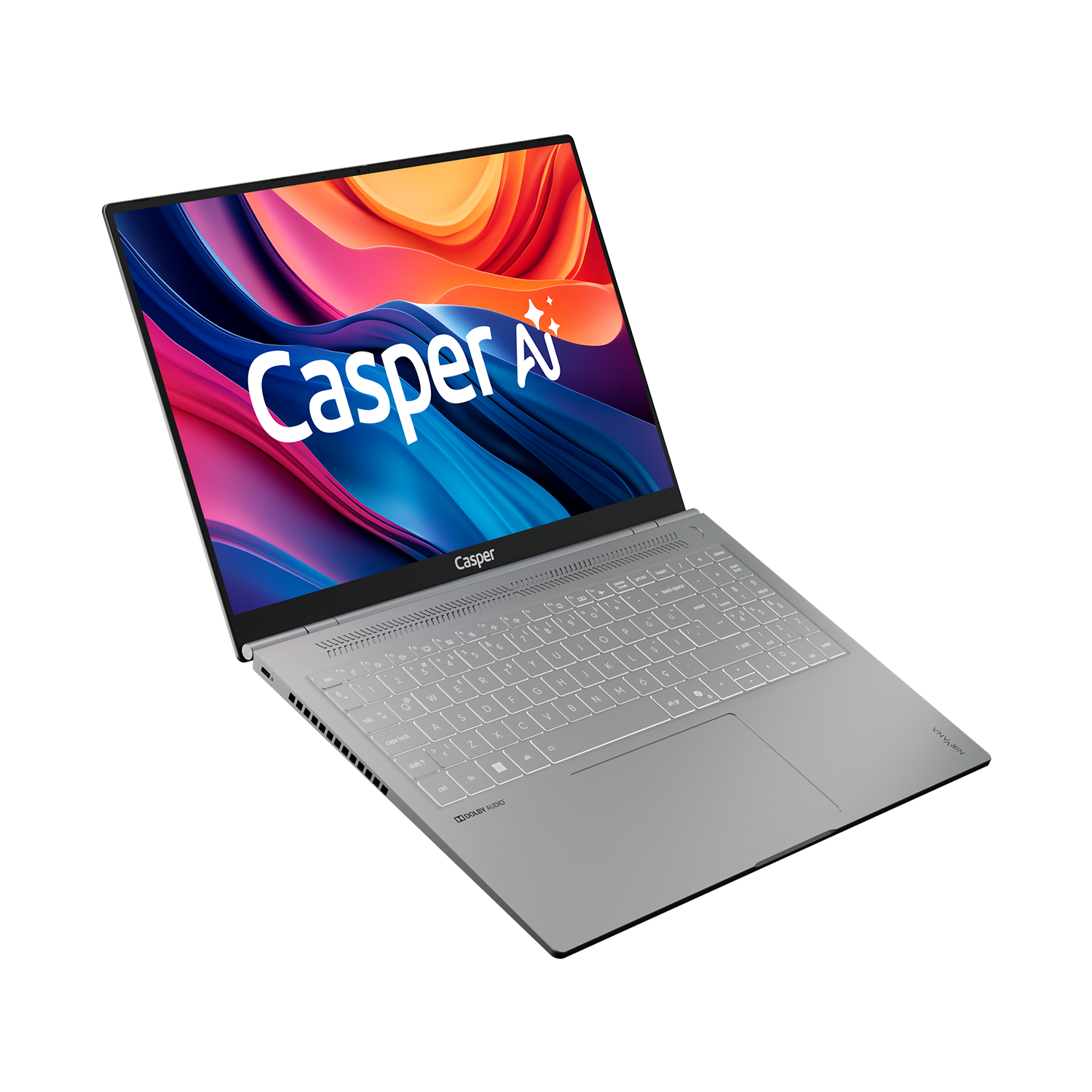 'Casper AI' yazan renkli ekranlı, açık gümüş dizüstü bilgisayar. Klavye ve dokunmatik yüzey görünür. Dizüstü bilgisayar gri bir yüzeyde.