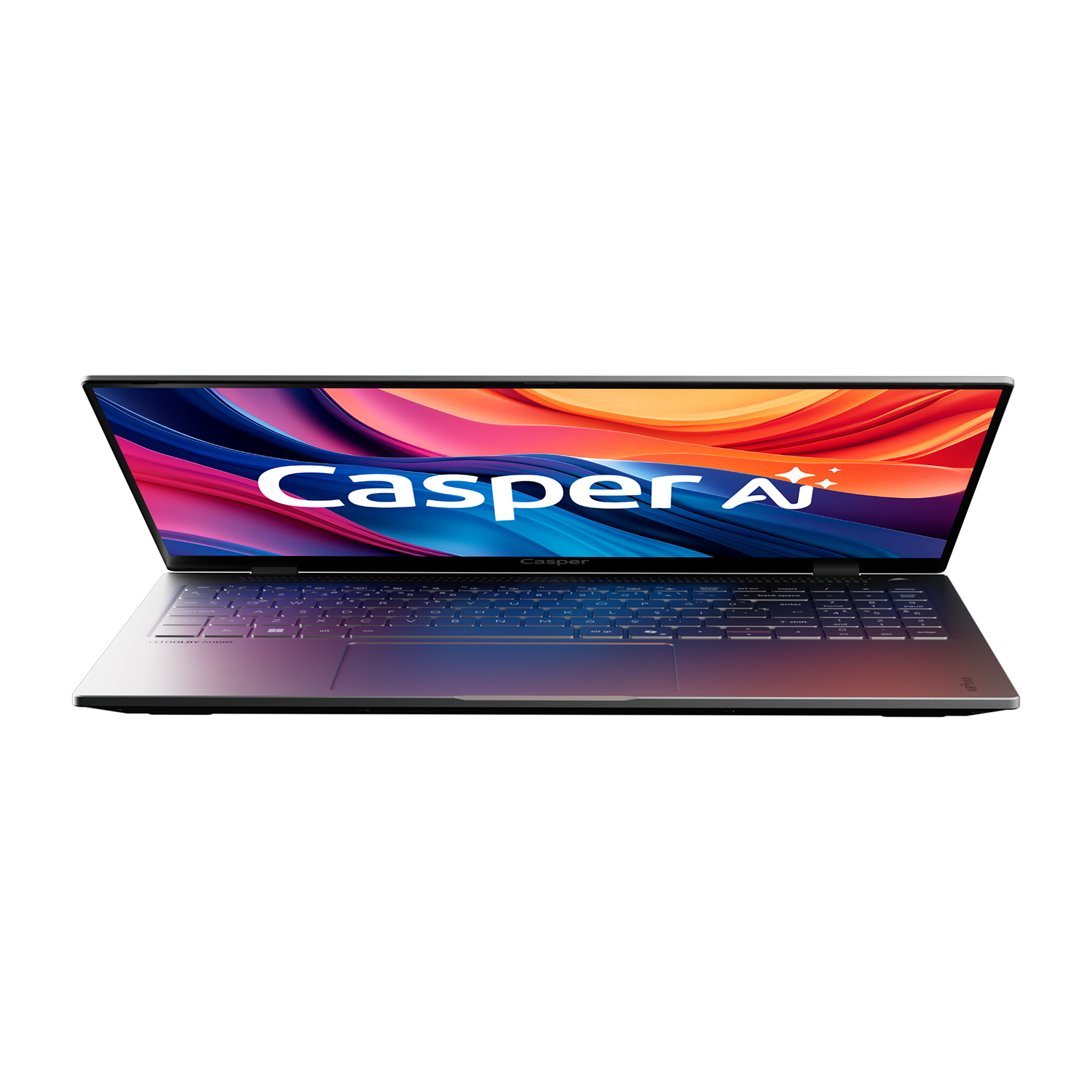 Casper AI gösteren ekranlı bir dizüstü bilgisayar. Klavyesi ve çerçevesi gümüştür. Ekran renkli soyut sanat gösteriyor.