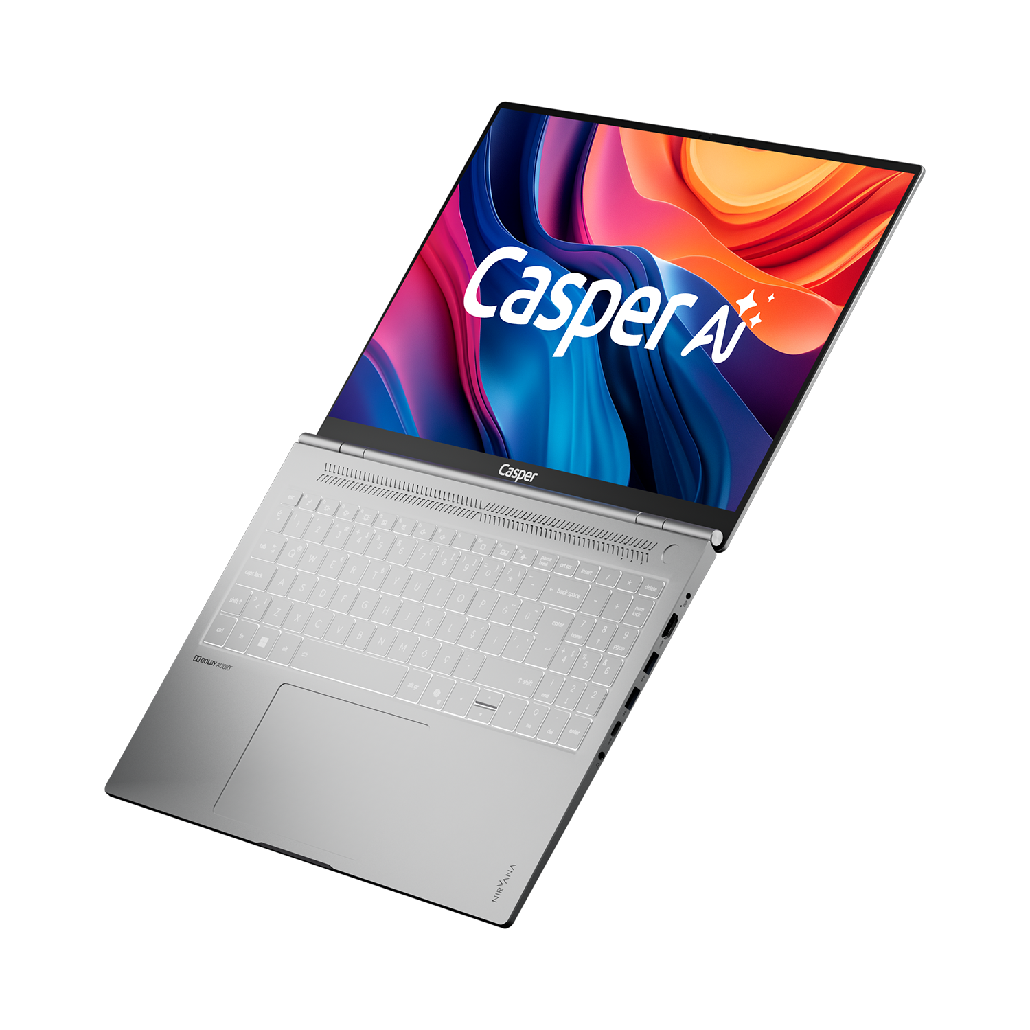 Gümüş dizüstü bilgisayar, açık, ekranda 'Casper AI' gösteriyor. Klavye görünür, 'Casper' logosu ile. Gri arka plan.