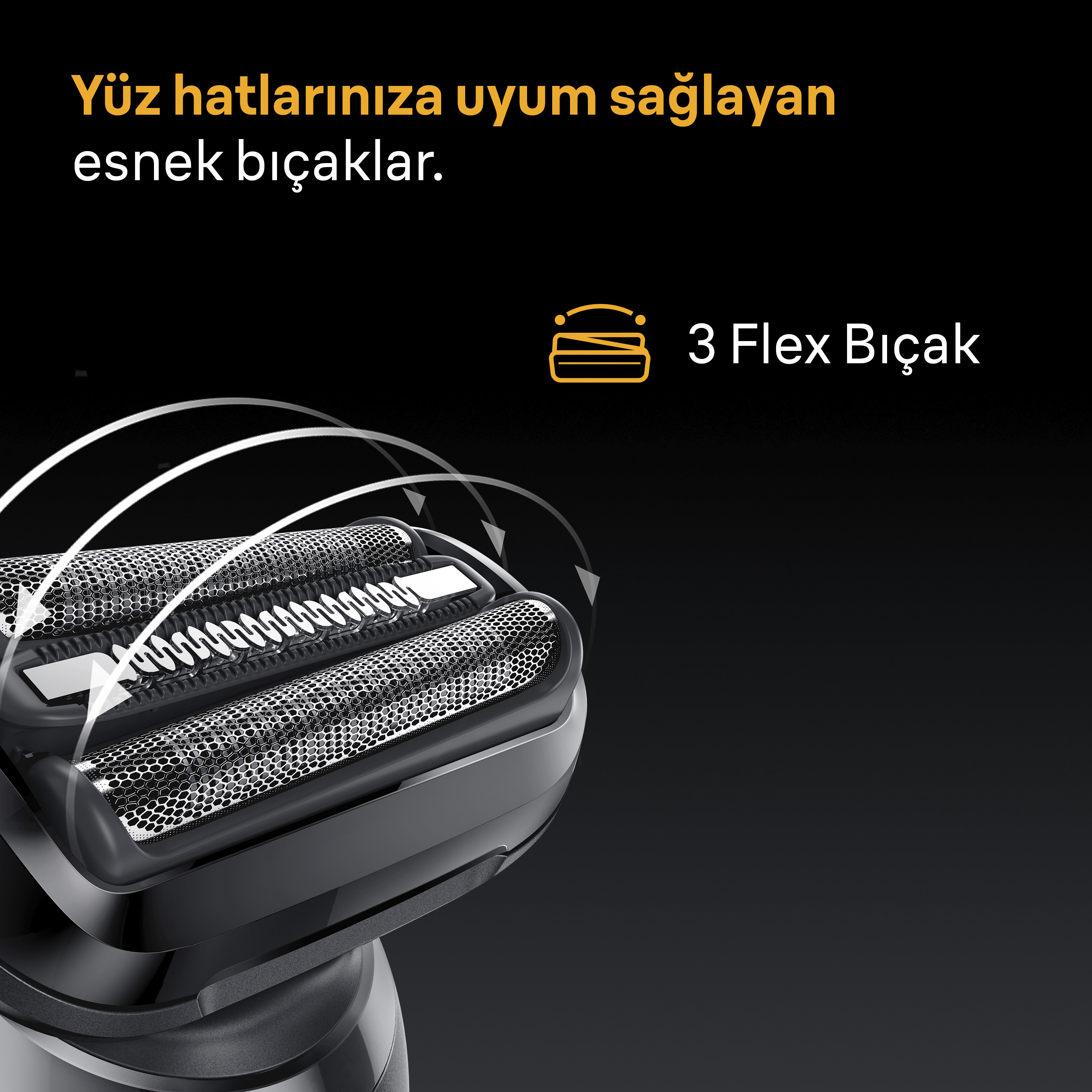Üç esnek bıçaklı siyah bir tıraş makinesi. Metin: Yüzünüze uyum sağlayan esnek bıçaklar.