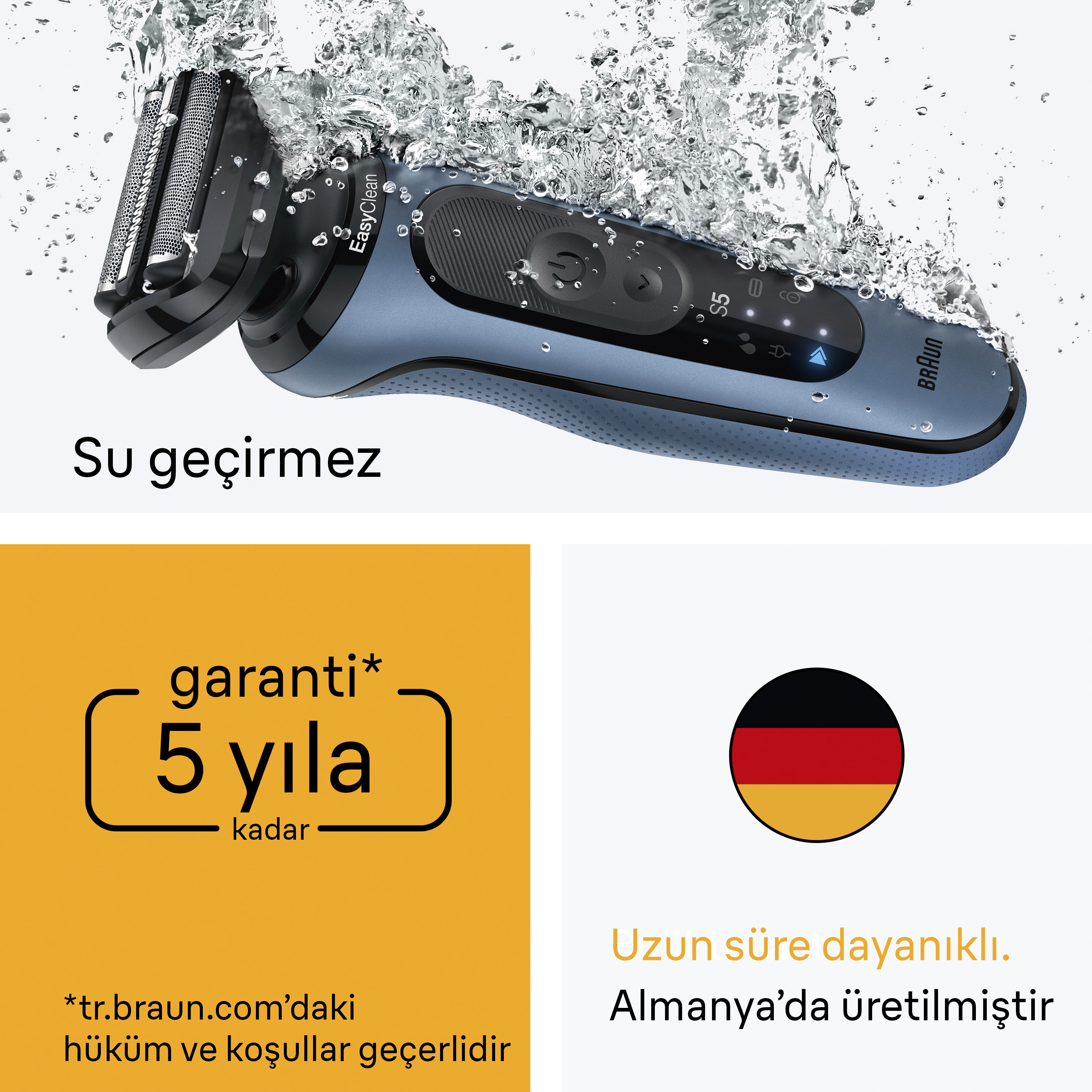 Suda elektrikli tıraş makinesi. Mavi ve siyah, metin: su geçirmez, 5 yıl garanti, dayanıklı, Almanya'da üretilmiştir.