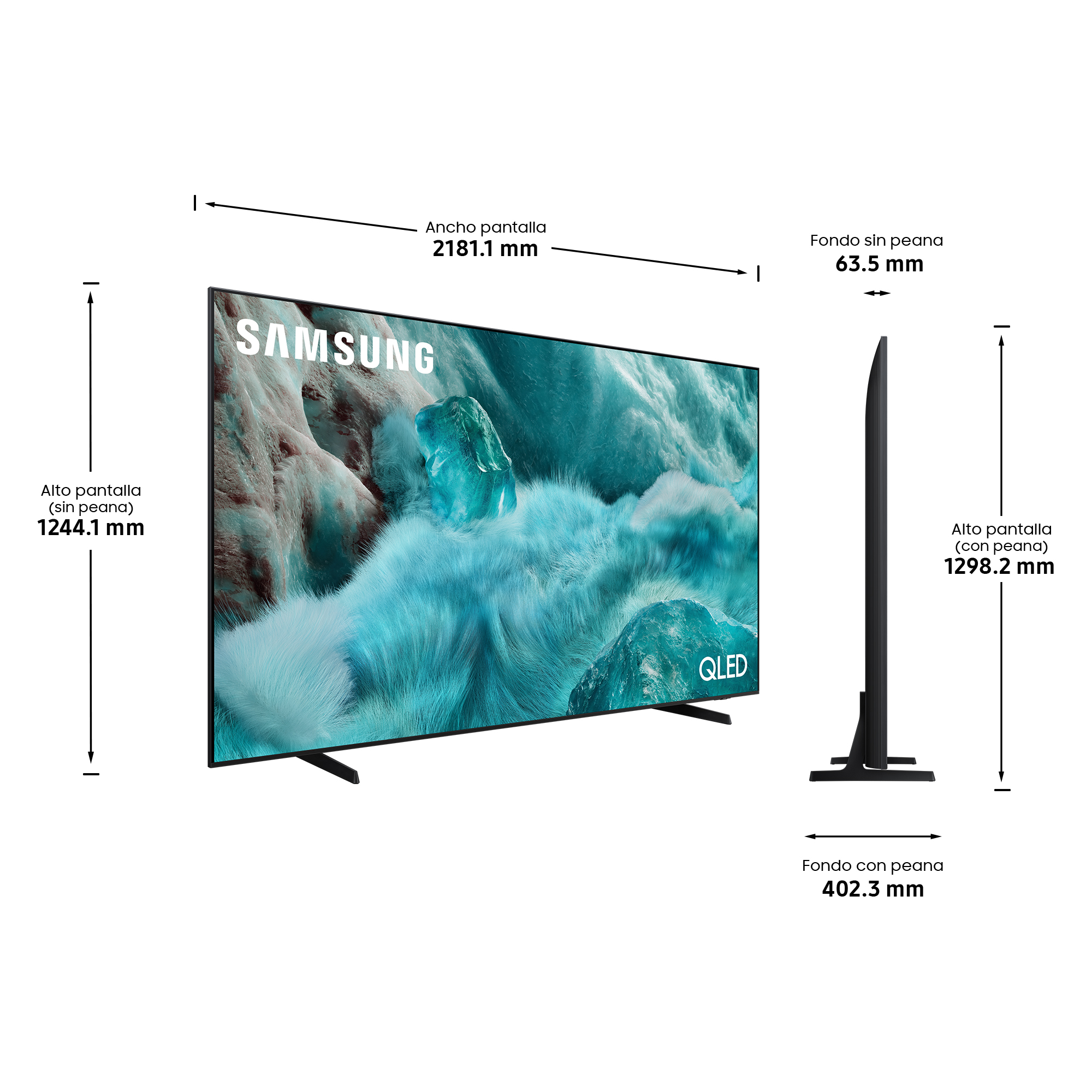 Un televisor Samsung QLED con dimensiones etiquetadas. Muestra una imagen en tonos azules. Vista lateral muestra el grosor.