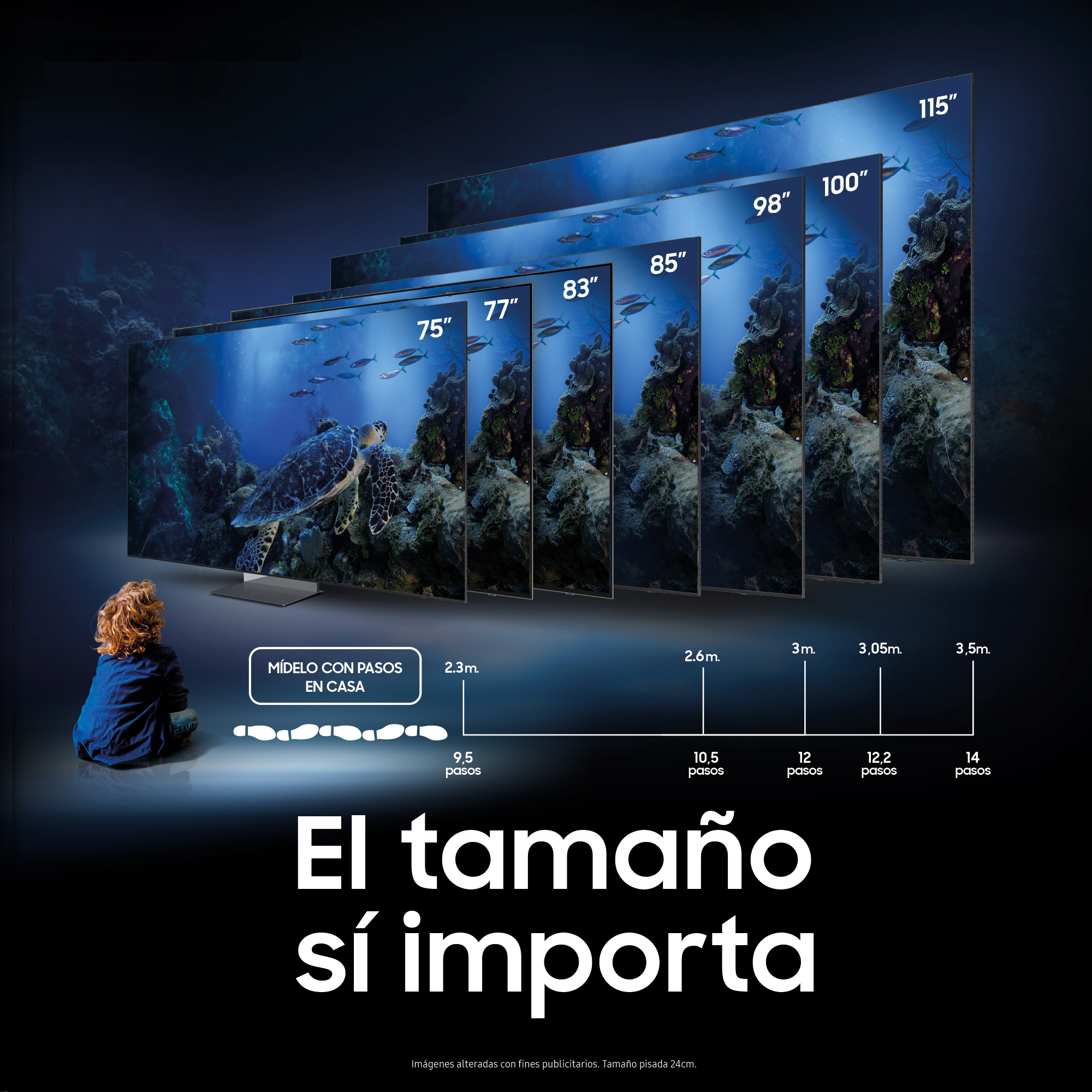 La imagen muestra varios televisores en fila, de diferentes tamaños. Un niño está sentado frente a las pantallas. El texto dice: el tamaño importa.