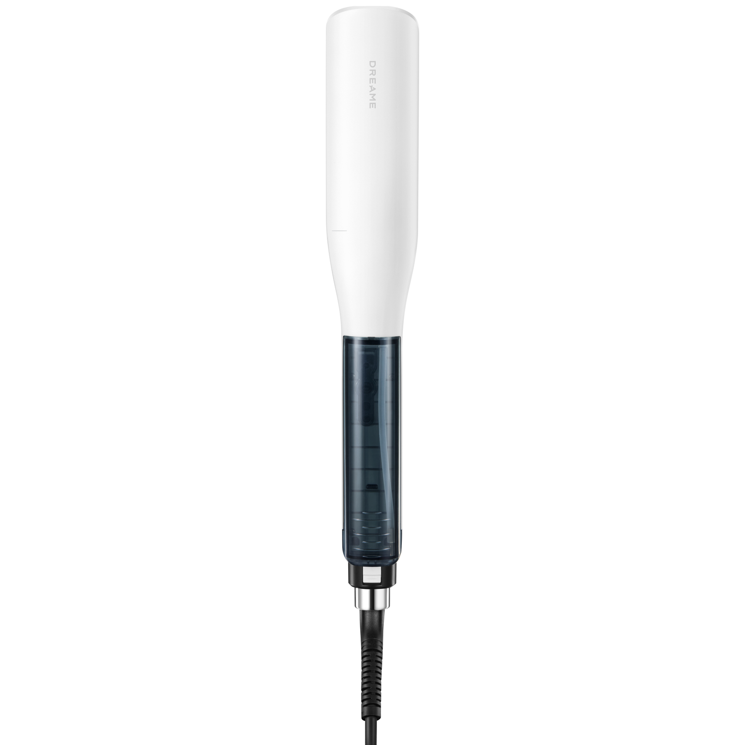 A white and black hair styling tool, with the word DREAME printed on it, and a black cord at the bottom.