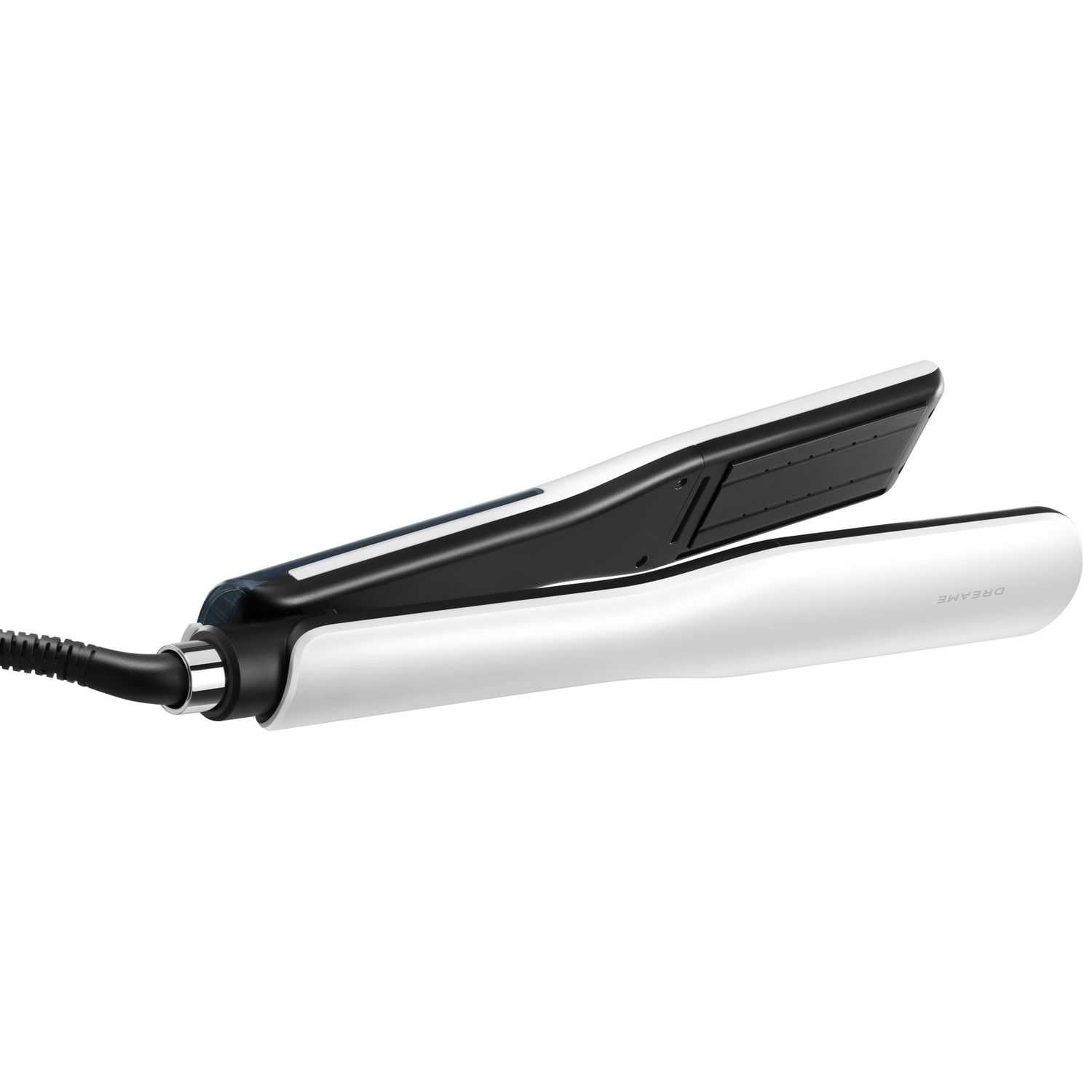 A white and black hair straightener, angled on a white surface, shows the brand name 'DREAME'.