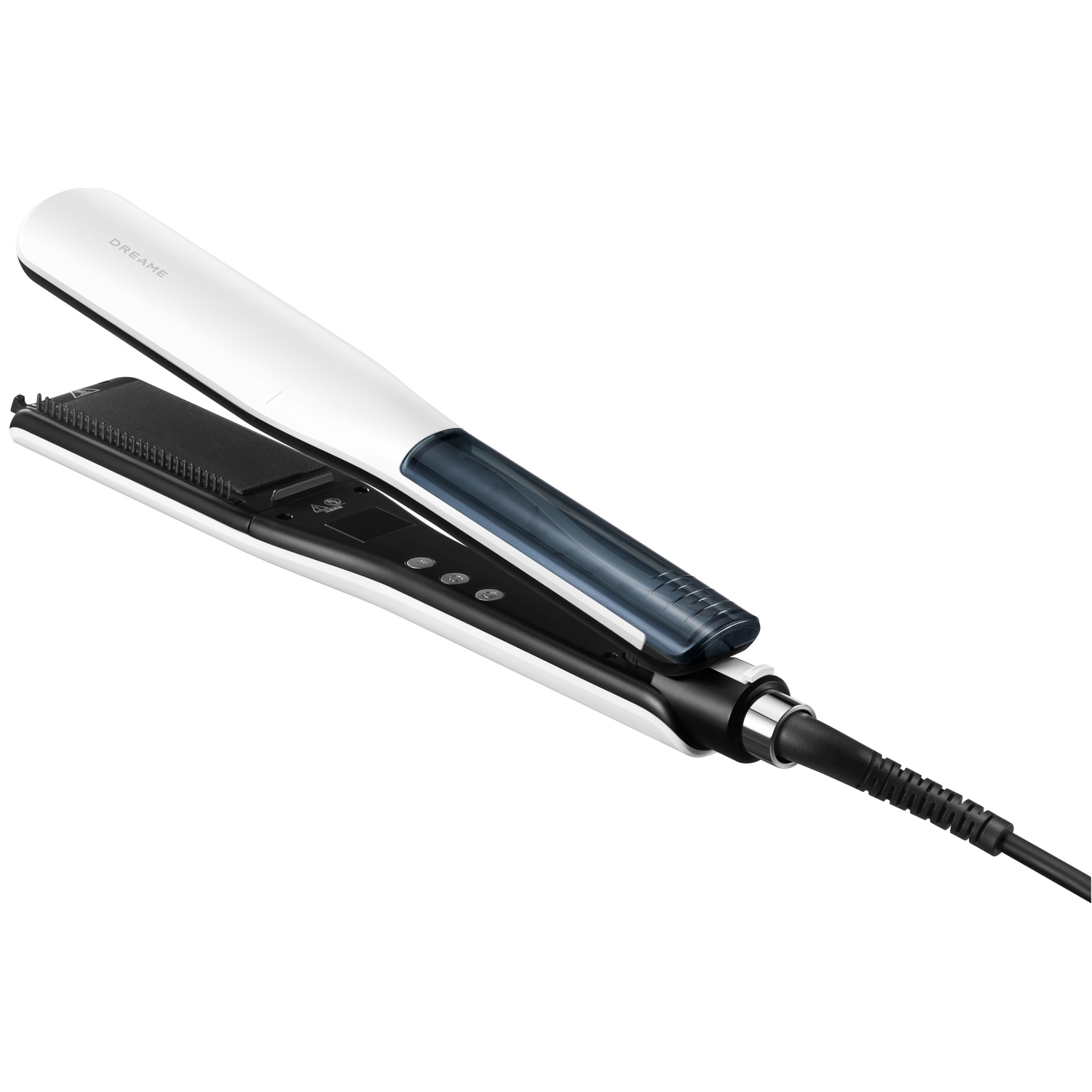 A white and black hair straightener with the brand name 'DREAME.' It has a black heating plate and a black power cord.