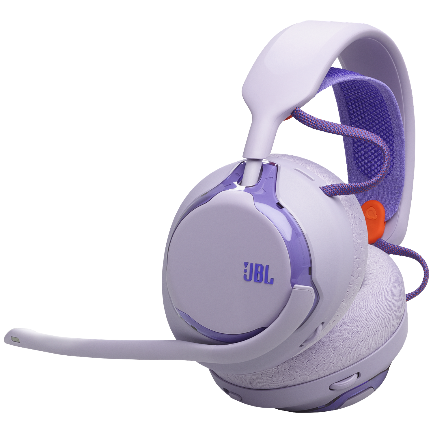 Een lichtpaarse JBL gaming headset met een microfoon. Het heeft paarse en oranje accenten.