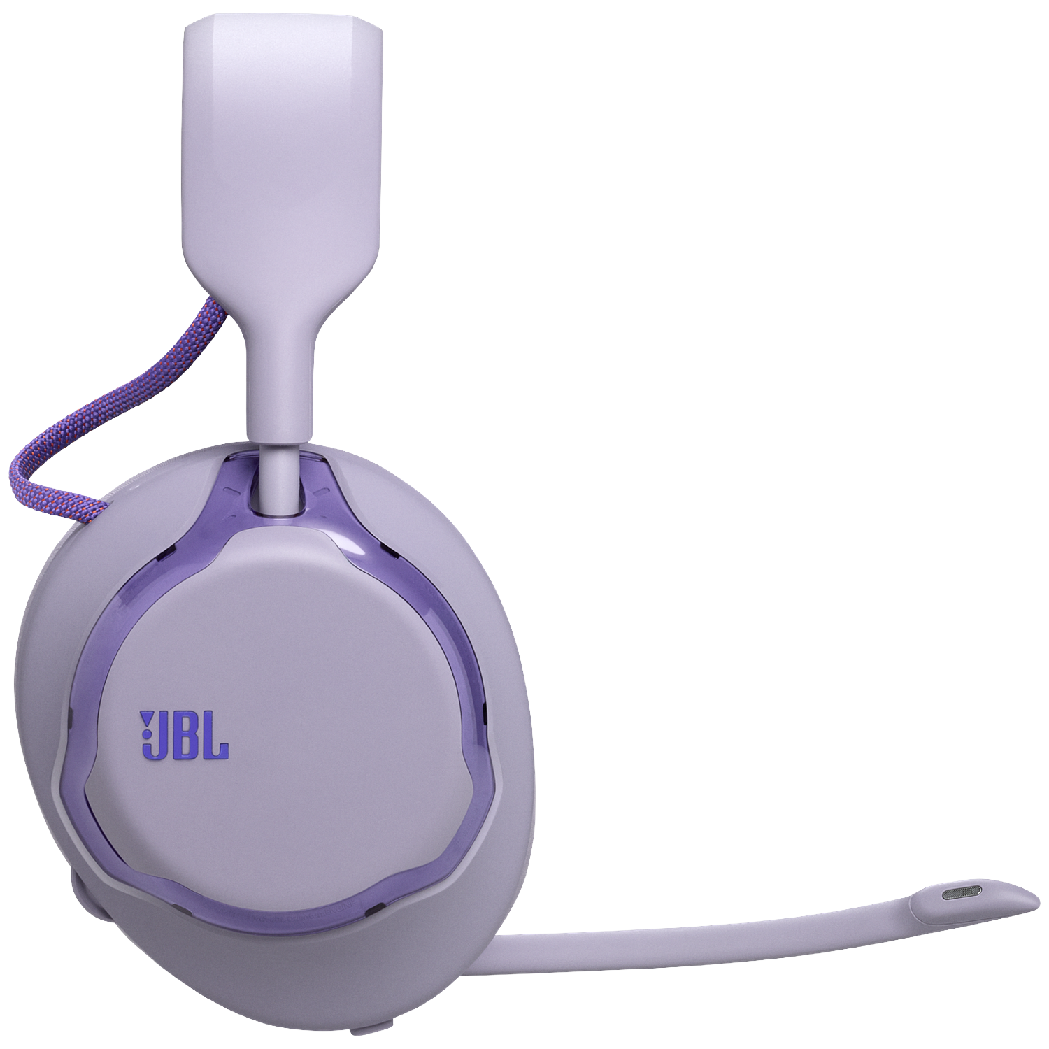 Een lavendelkleurige JBL gaming headset. De headset heeft een microfoon en een paarse kabel. Het merklogo is zichtbaar.