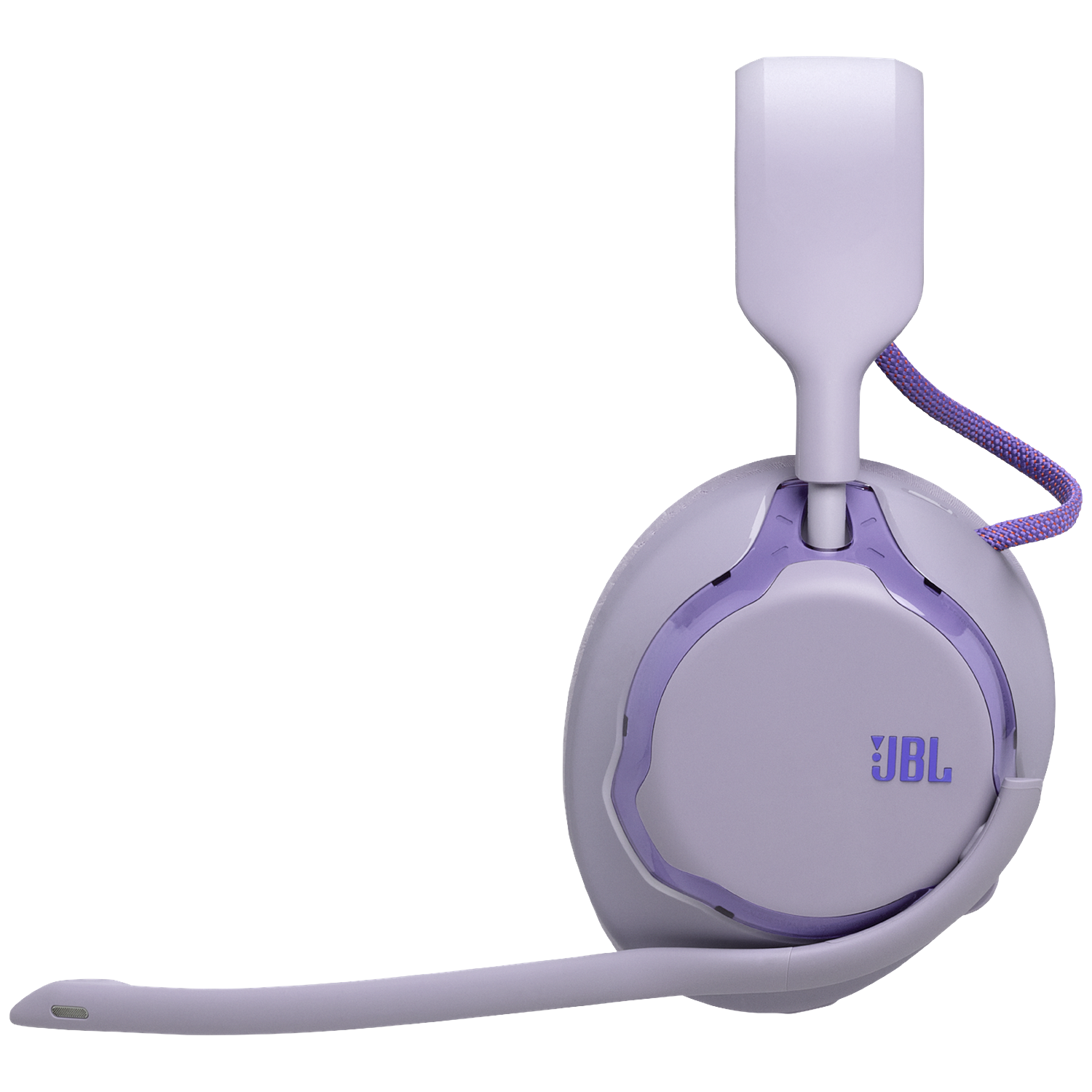 Een lichtpaarse JBL gaming headset met een microfoon. De headset staat op een witte achtergrond. Het heeft paarse accenten en een gevlochten kabel.