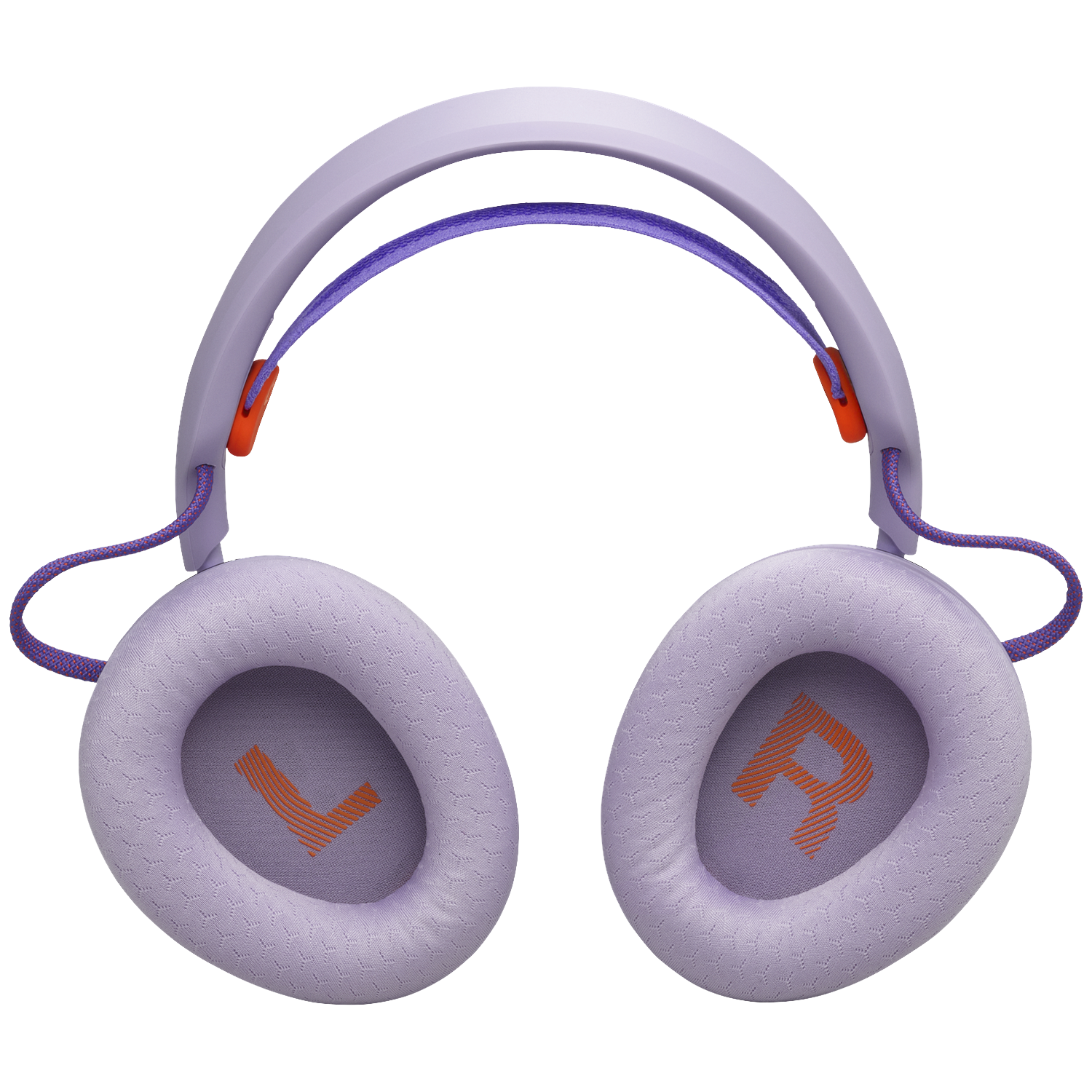 Lavendelkleurige koptelefoon met oranje accenten en 'L' en 'R' markeringen. Paarse en oranje koorddetails, op witte achtergrond.