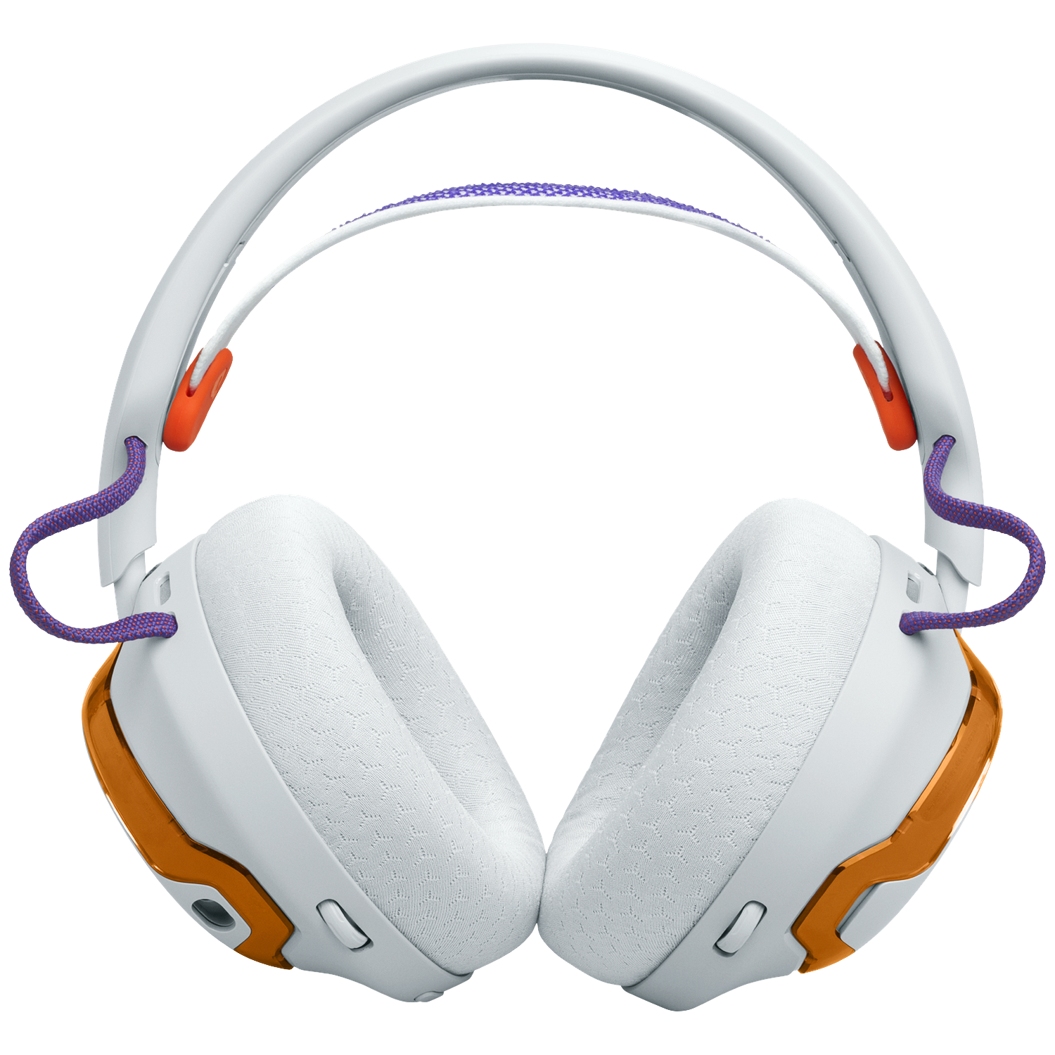 White headphones with orange accents and purple cord. Earcups are white with a textured surface. The headband is white.
