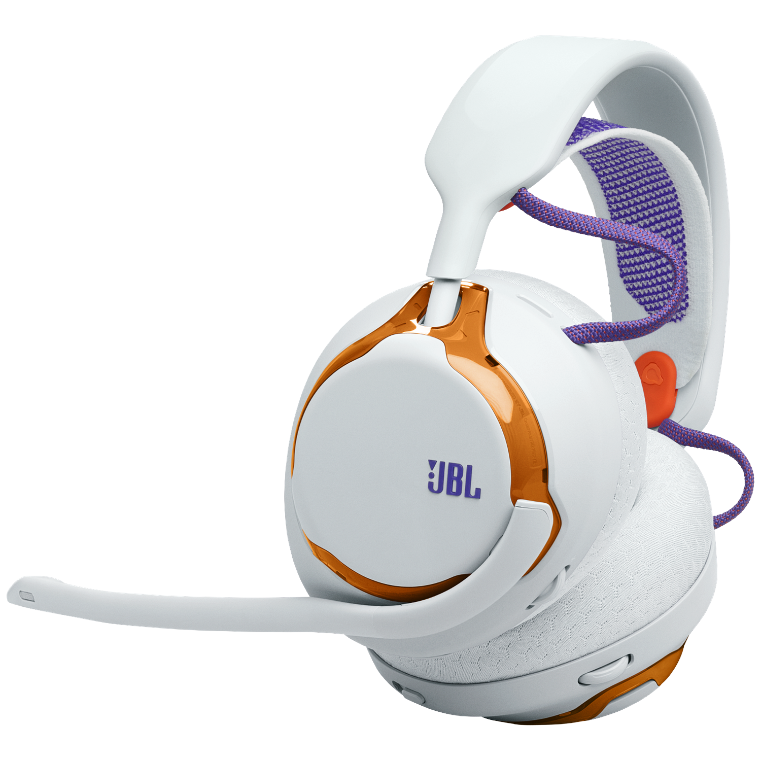 White JBL gaming headset with orange accents and a purple cable. The microphone extends to the left. The JBL logo is visible.