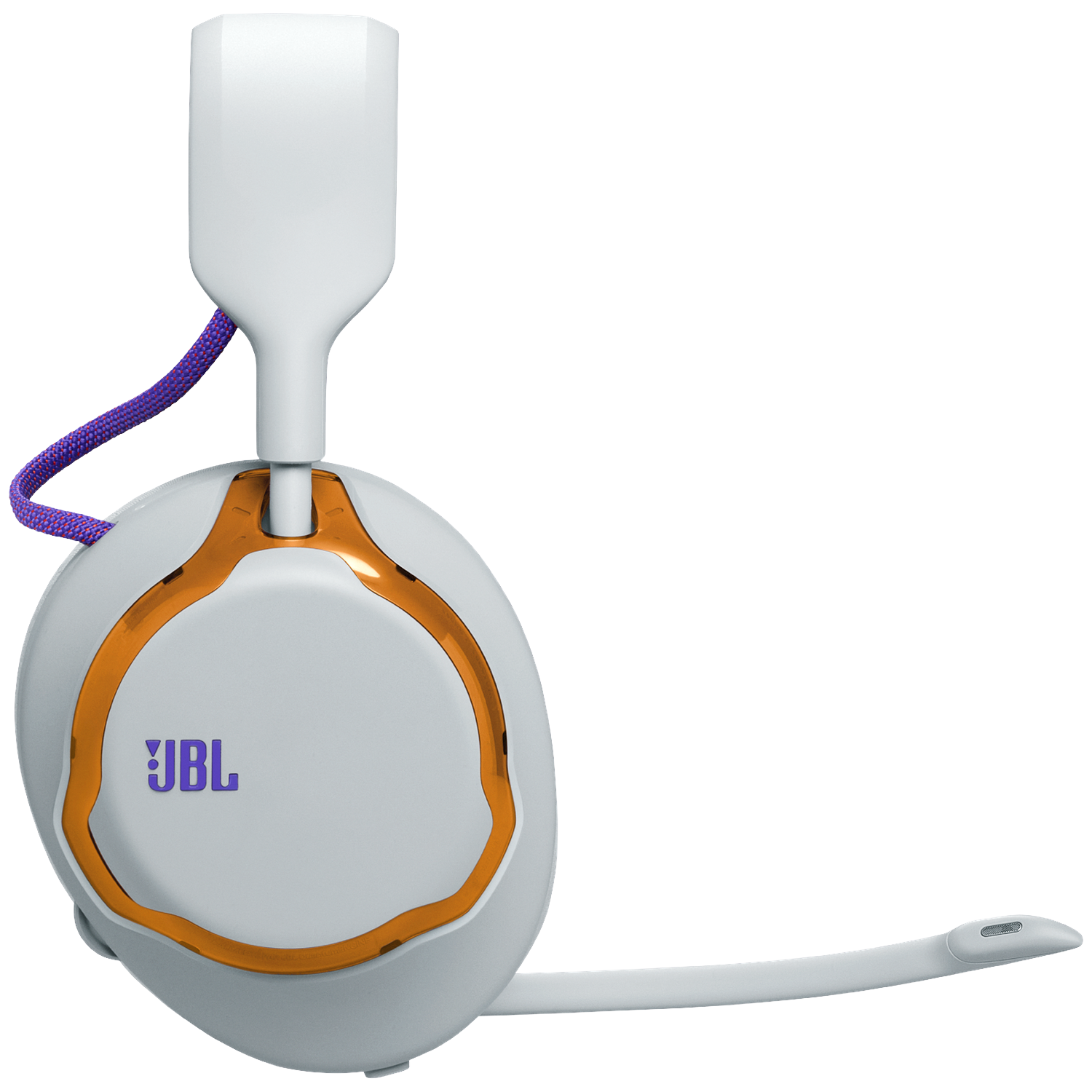 White and gray JBL gaming headset with orange trim and purple cable. The headset has a microphone extending from the left ear cup.