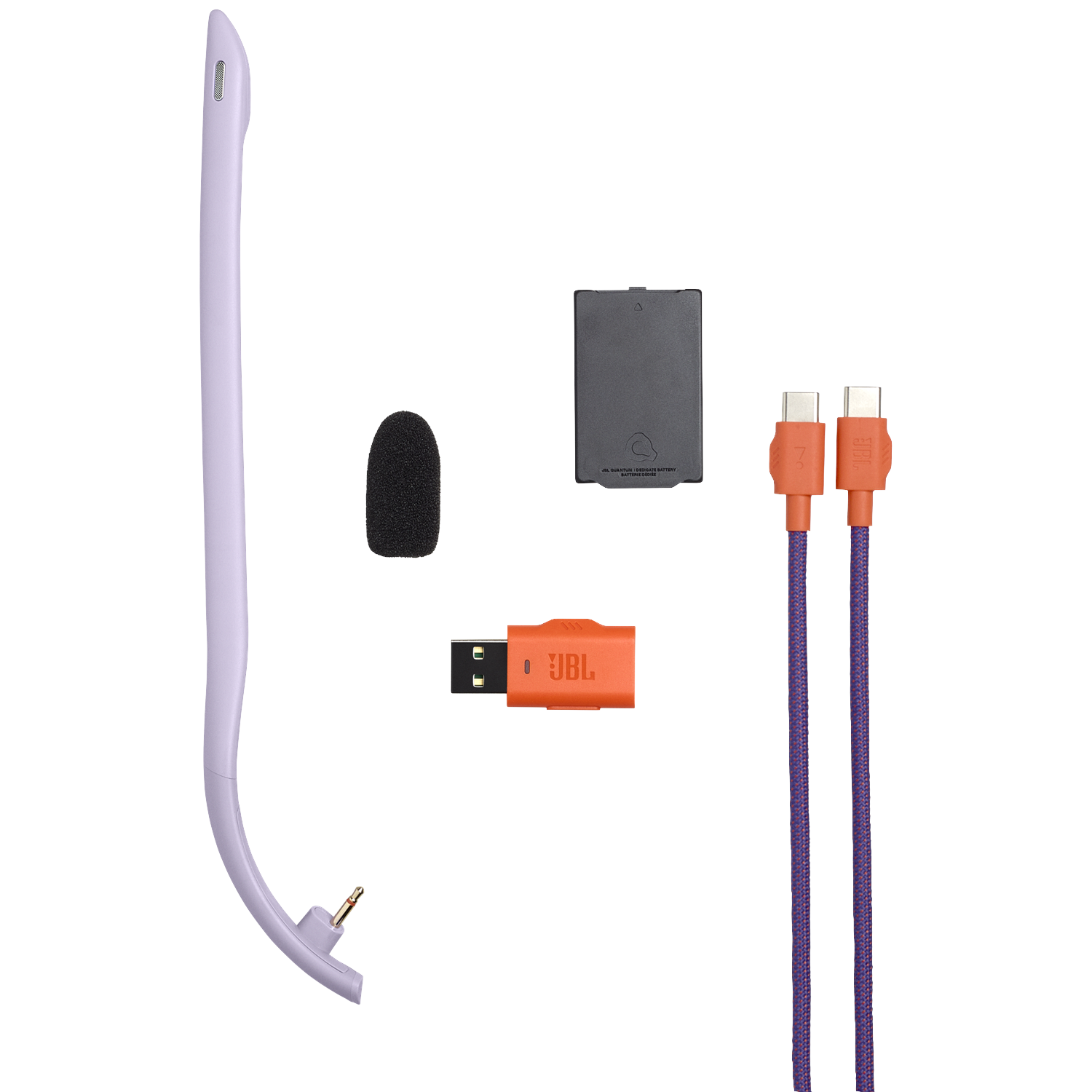 Afbeelding toont headset onderdelen: een lavendel boom, een zwarte microfoonhoes, een batterij, een oranje USB adapter en twee oranje kabels.