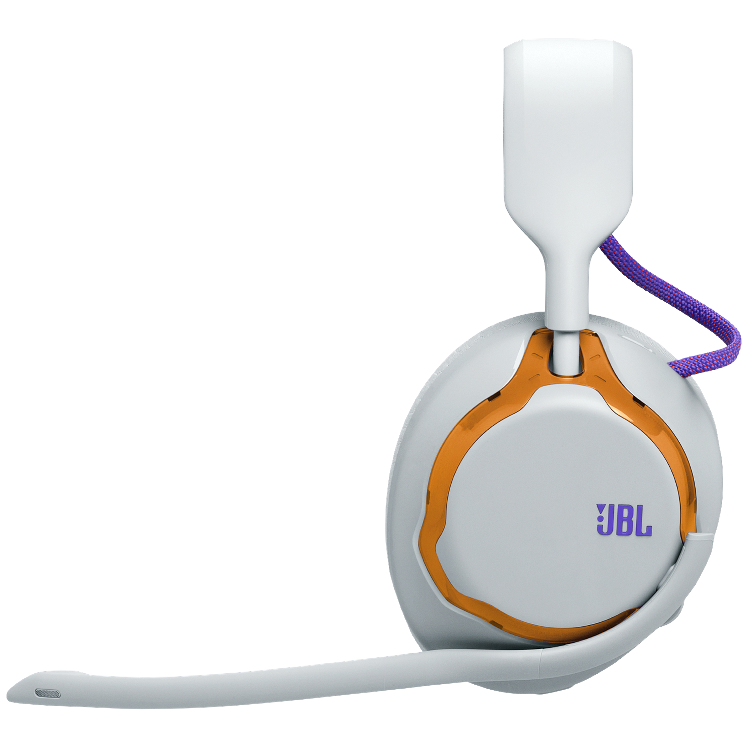 White and gray JBL gaming headset with orange accents, purple cord, and a microphone. The JBL logo is visible.