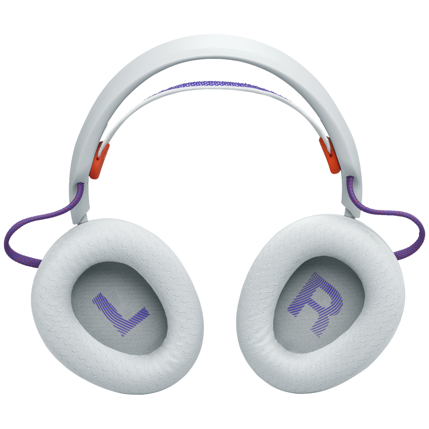 White headphones with gray earcups, purple accents, and a purple 'L' and 'R' on the earcups. Orange details are visible.