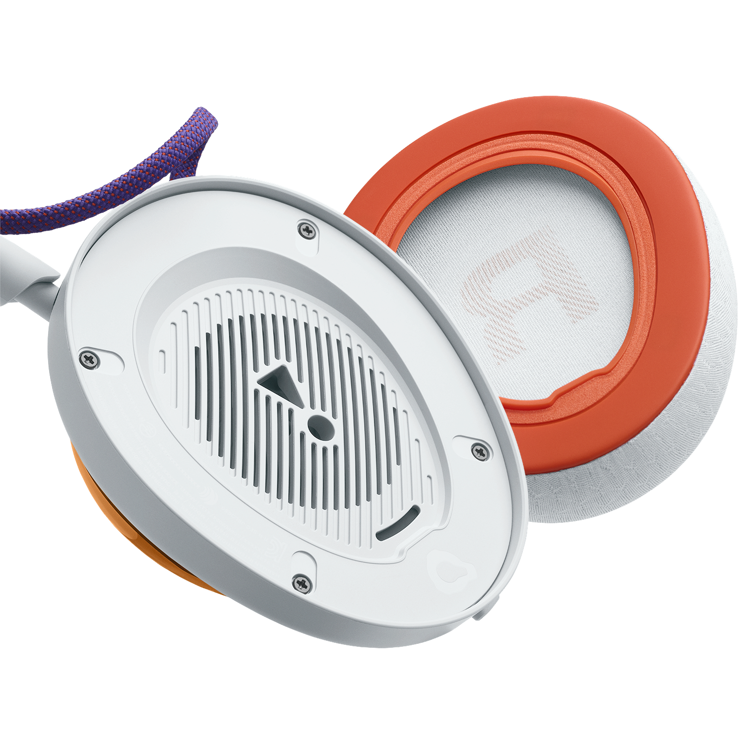 Headphones disassembled, showing earcups with orange rims and white fabric, a white base with gray accents, and a purple cord.