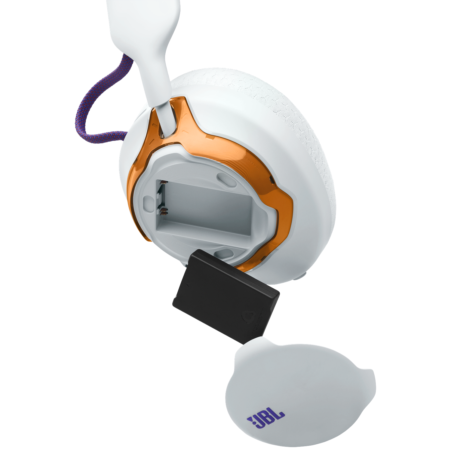 White and orange headphones, with a purple cord. A black battery is being removed. The JBL logo is visible on a white cover.