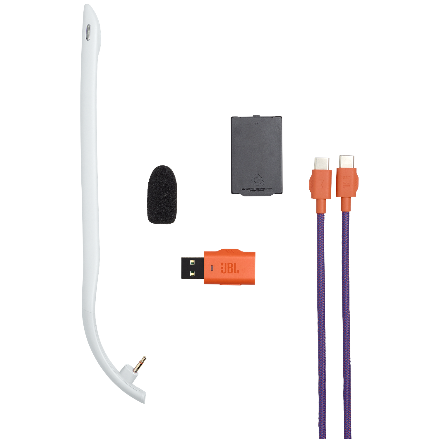 White microphone, black foam cover, grey battery, orange USB adapter and cables. All JBL brand on white background.
