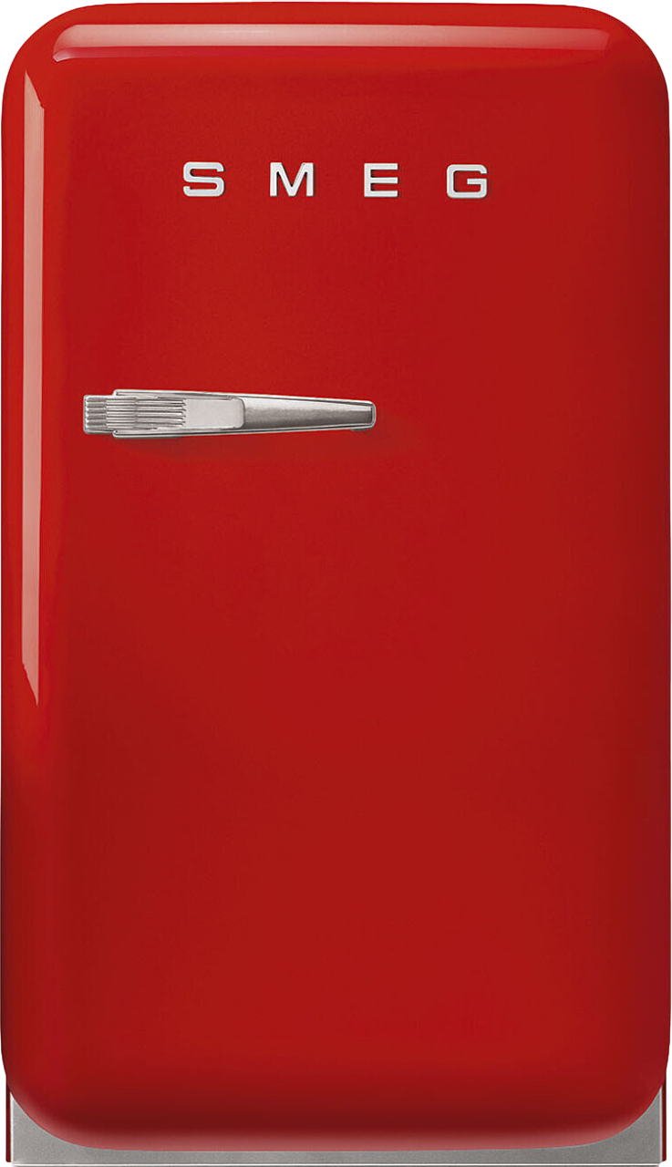 Ein roter SMEG-Kühlschrank. Er hat einen Chromgriff und das SMEG-Logo oben. Die Farbe ist glänzendes Rot.