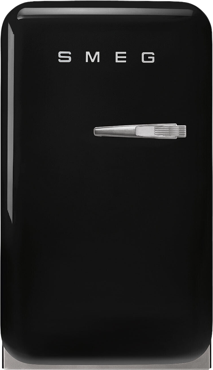 Ein schwarzer SMEG-Kühlschrank mit silbernem Griff. Das SMEG-Logo befindet sich oben. Der Kühlschrank ist glänzend.