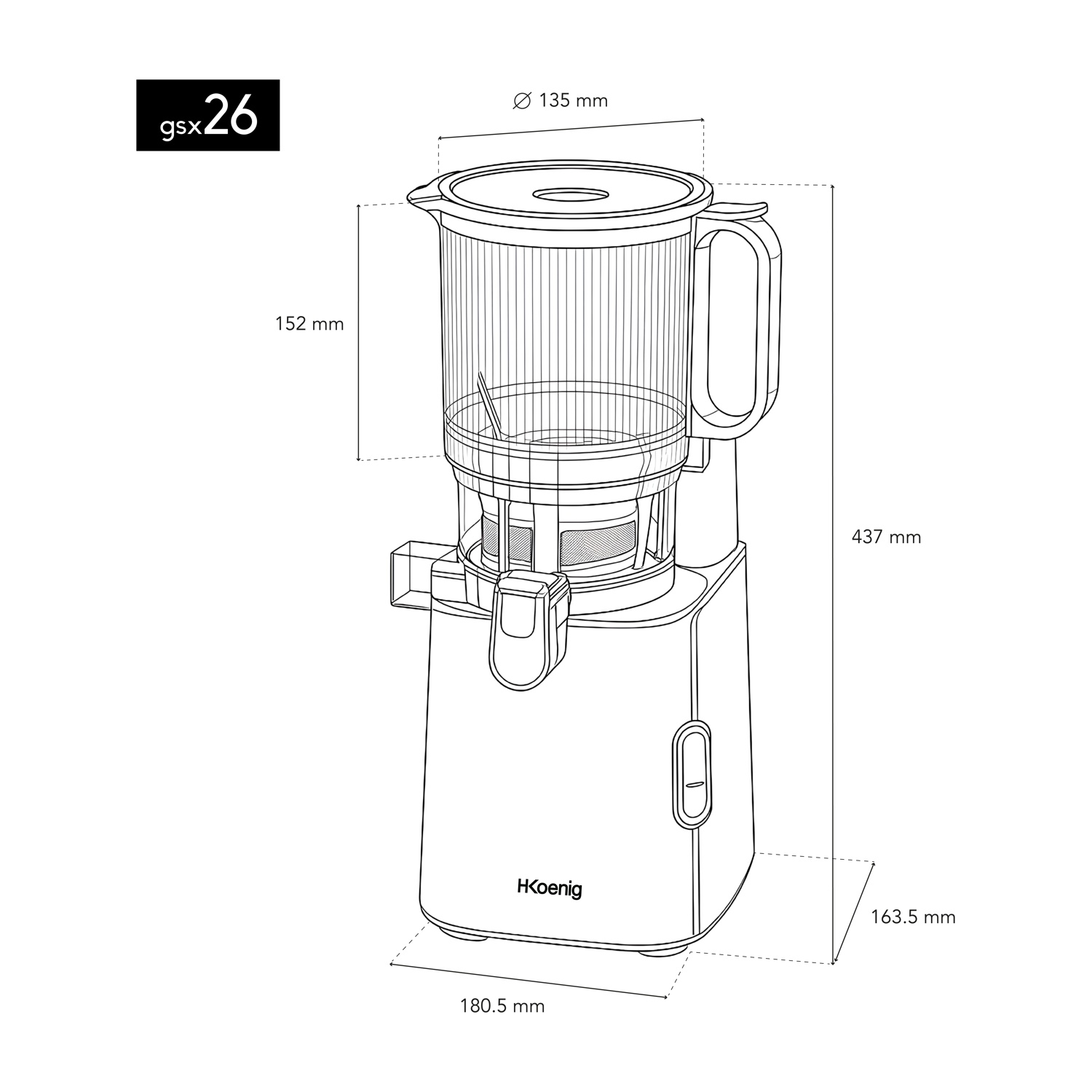 Disegno a linea di un'estrattore di succo con dimensioni etichettate. Include il marchio HKoenig e il modello GSX26.