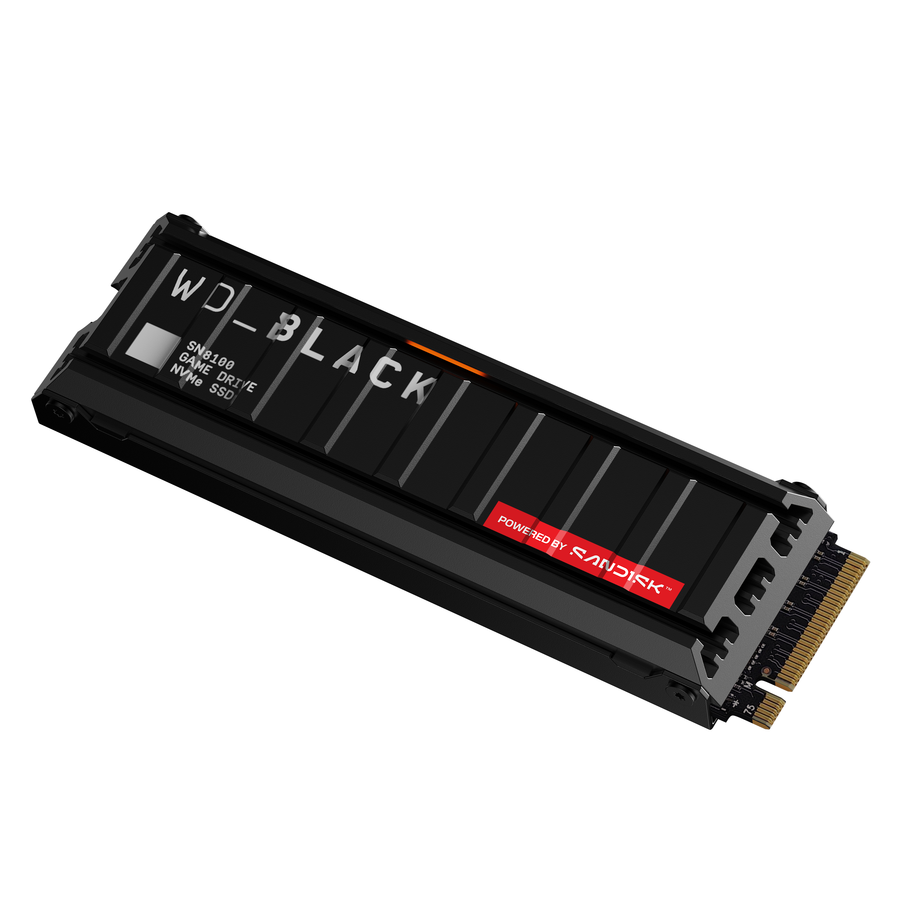 Schwarze WD_BLACK NVMe SSD. Enthält den Markennamen und 'POWERED BY SANDISK'. Goldfarbene Anschlüsse.