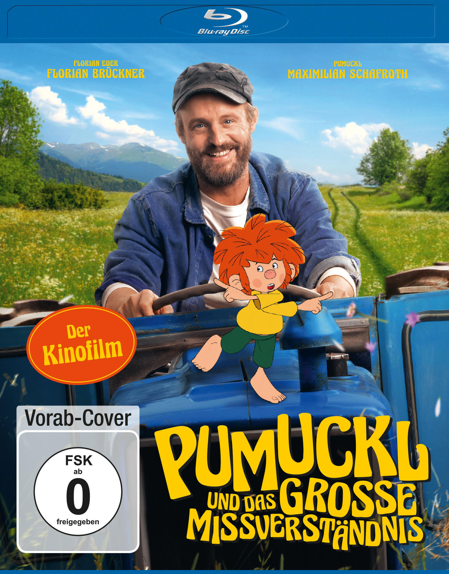 Blu-ray-Cover mit einem Mann, der ein blaues Fahrzeug fährt, einer Zeichentrickfigur und dem Text: Pumuckl und das große Missverständnis.