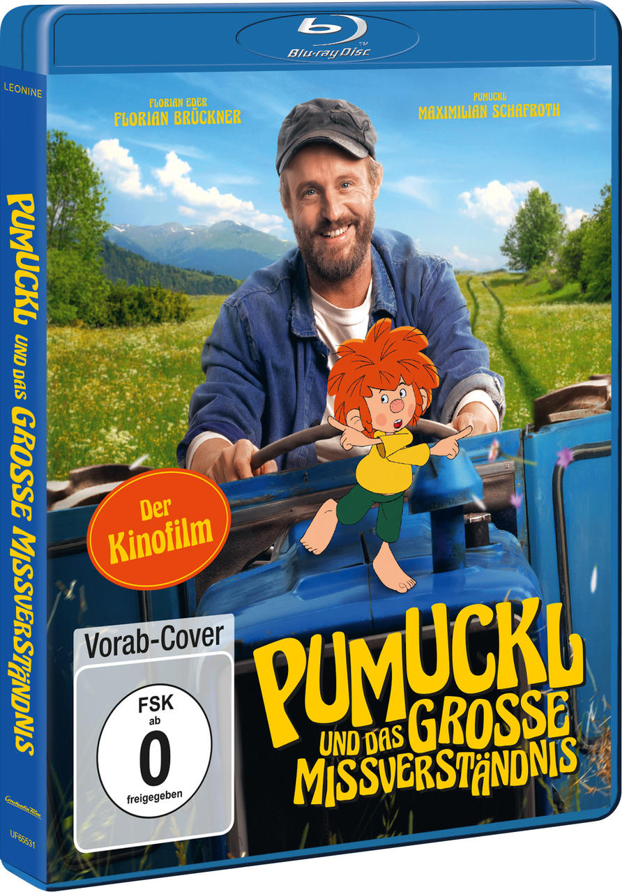 Blu-ray-Cover. Ein Mann und eine Zeichentrickfigur auf einem blauen Fahrzeug. Text: Pumuckl und das große Missverständnis.