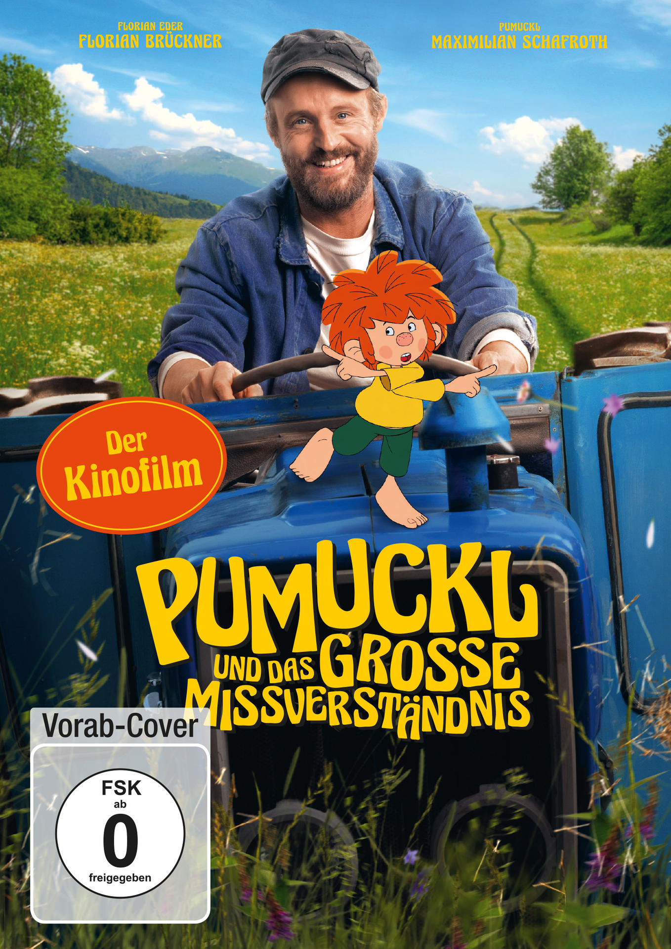Poster für den Pumuckl-Film. Mann fährt ein blaues Fahrzeug, eine Zeichentrickfigur und Text.