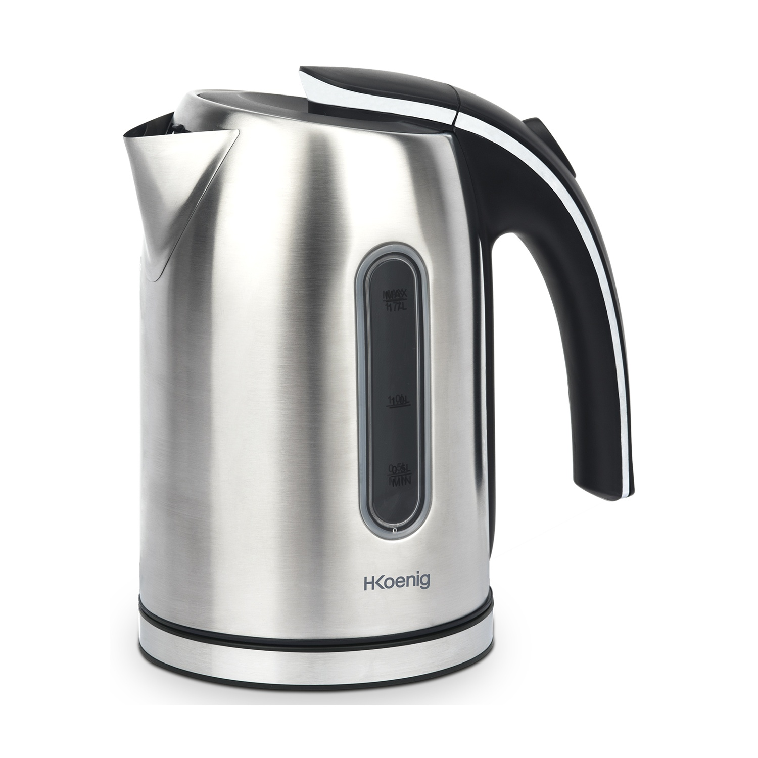 Un bollitore elettrico in acciaio inossidabile con manico nero, indicatore del livello dell'acqua e marchio "H.Koenig".