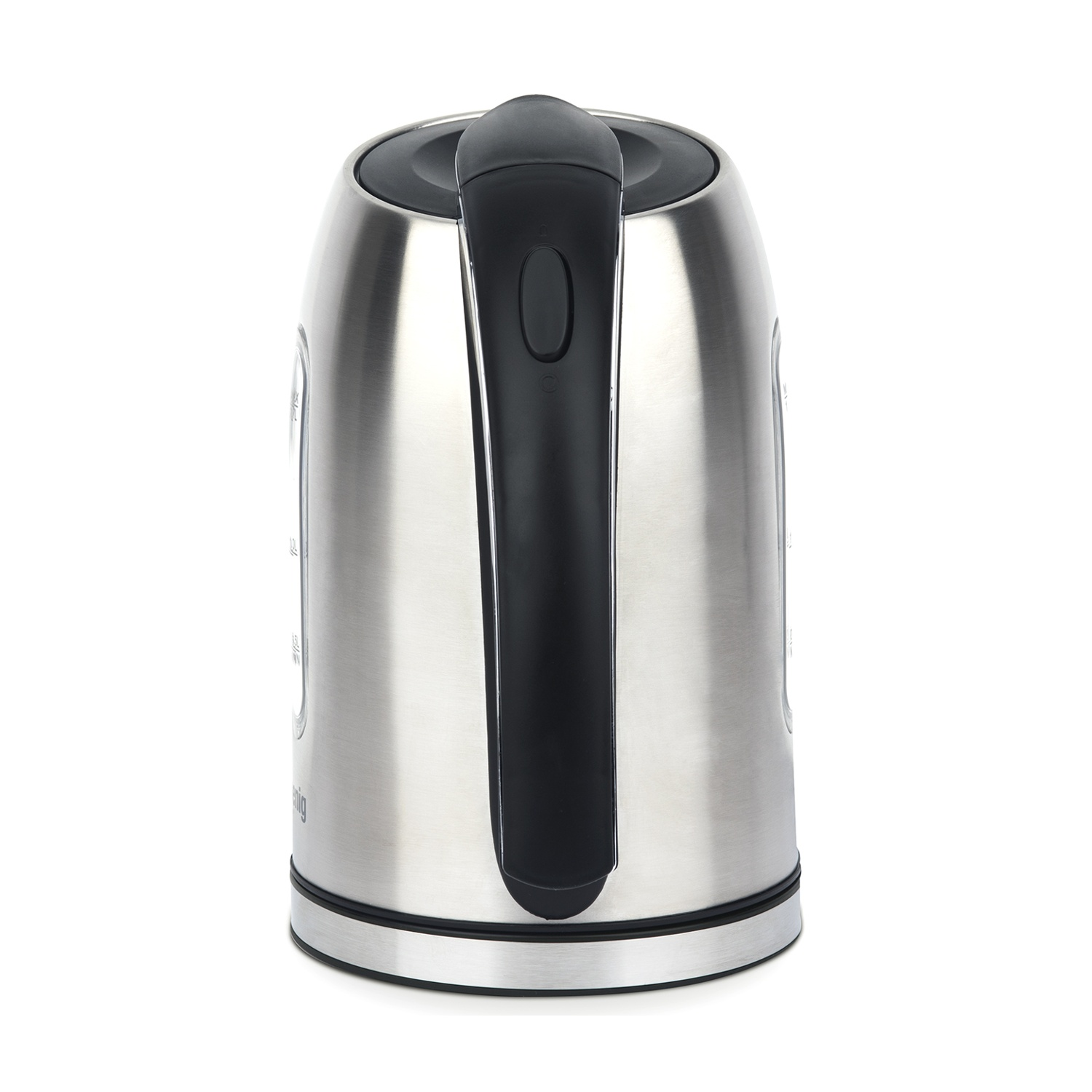 Un bollitore elettrico in acciaio inossidabile con manico nero, su sfondo bianco. Il bollitore ha un indicatore del livello dell'acqua.