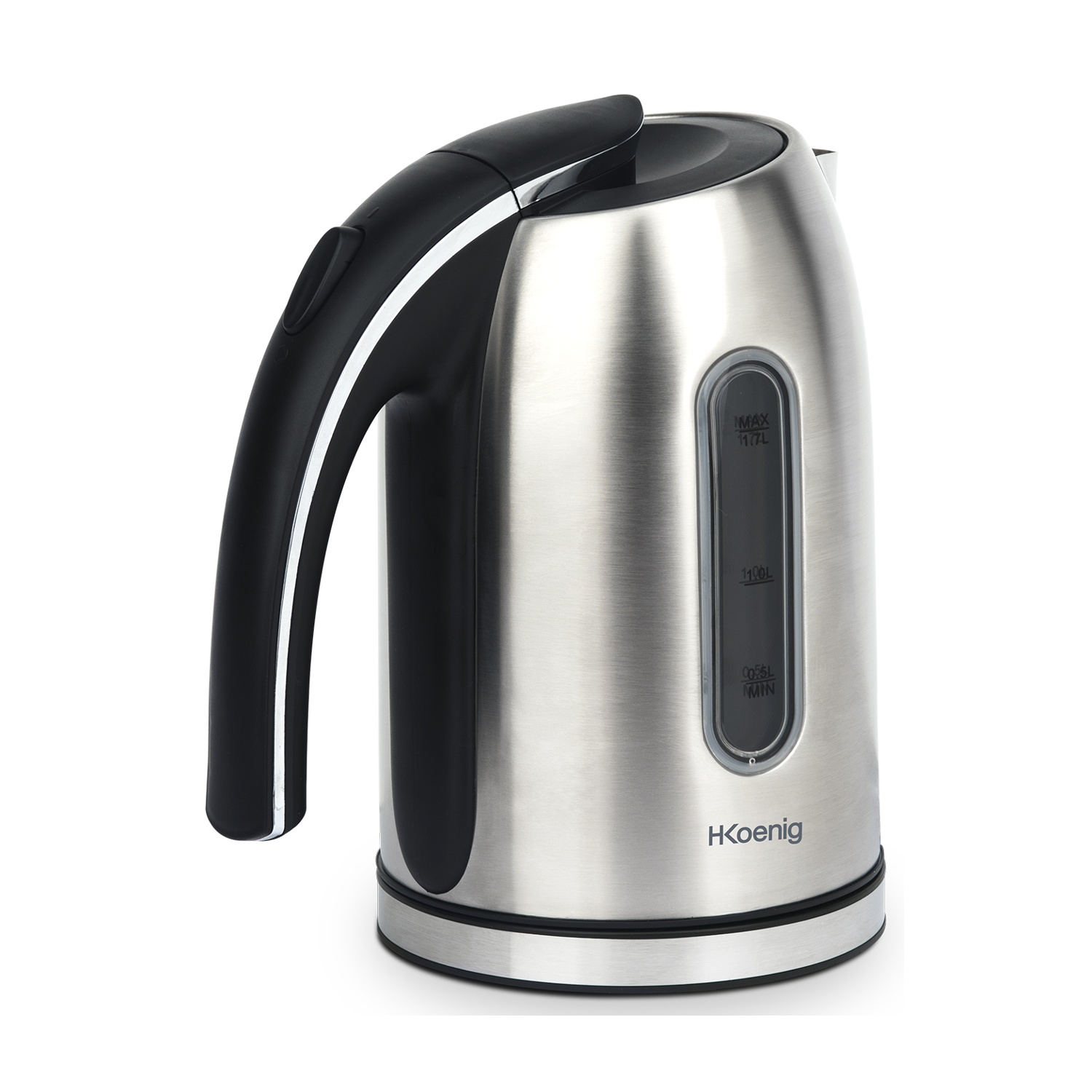 Un bollitore elettrico in acciaio inossidabile con manico nero, indicatore del livello dell'acqua e marchio HKoenig su sfondo bianco.