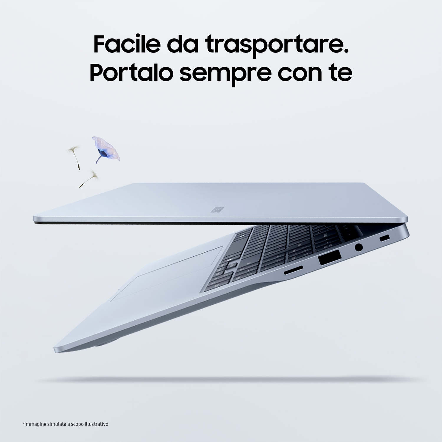 Un laptop azzurro chiaro è aperto, mostrando la tastiera. Sopra, il testo recita: 'Facile da trasportare. Portalo sempre con te'.