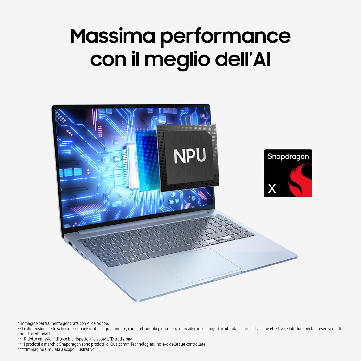 Laptop con chip NPU e logo Snapdragon. Lo schermo mostra un design di circuito stampato. In alto c'è scritto: massime prestazioni.