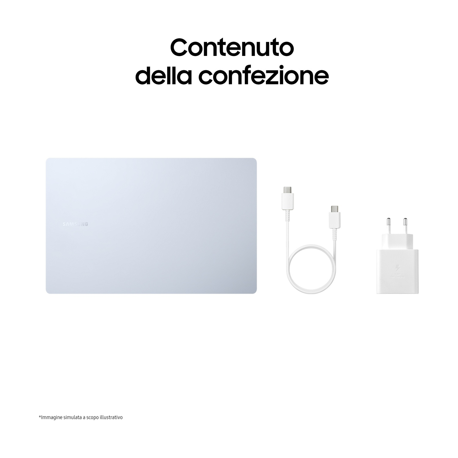 L'immagine mostra un laptop, un caricabatterie e un cavo. Il testo recita 'Contenuto della confezione'. Lo sfondo è bianco.