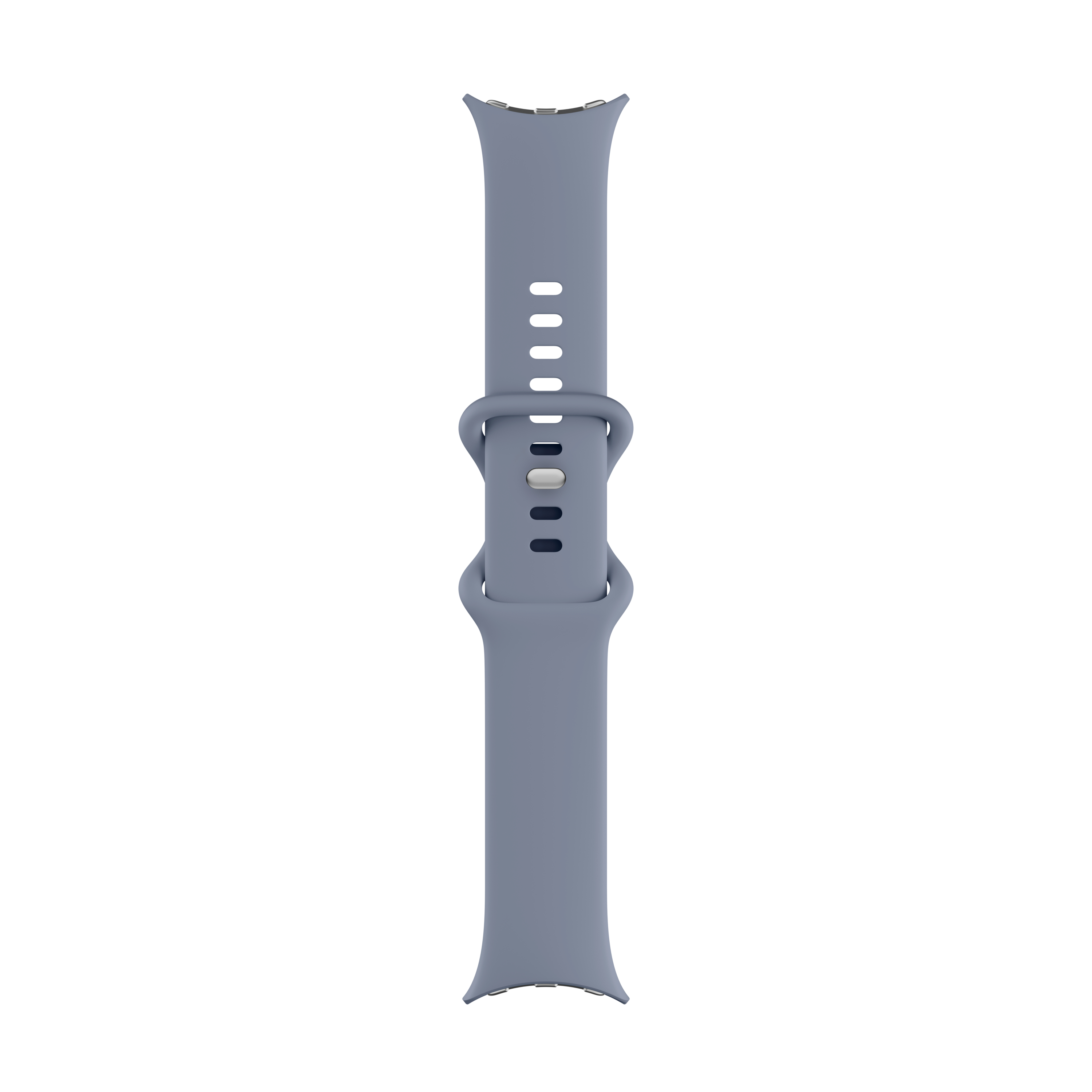 Ein hellblaues Uhrenarmband liegt vertikal vor weißem Hintergrund. Es hat eine Schnalle und Löcher zur Verstellung.