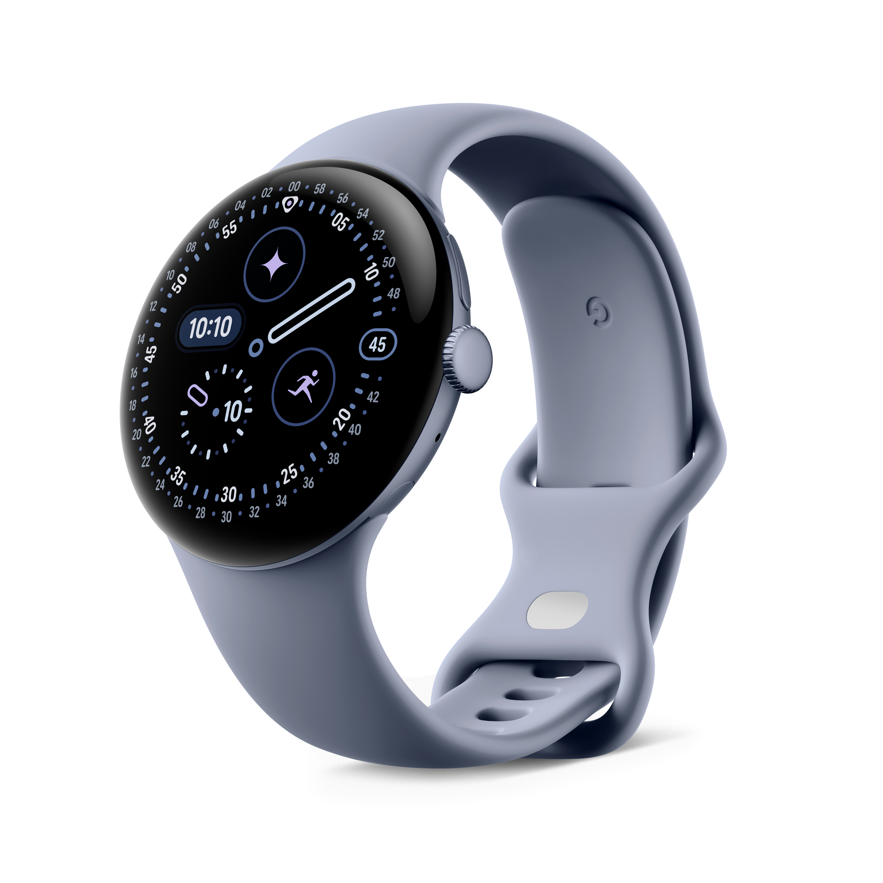 Eine hellblaue Smartwatch mit schwarzem Display, das Zeit und Aktivitätssymbole zeigt, auf weißem Hintergrund.
