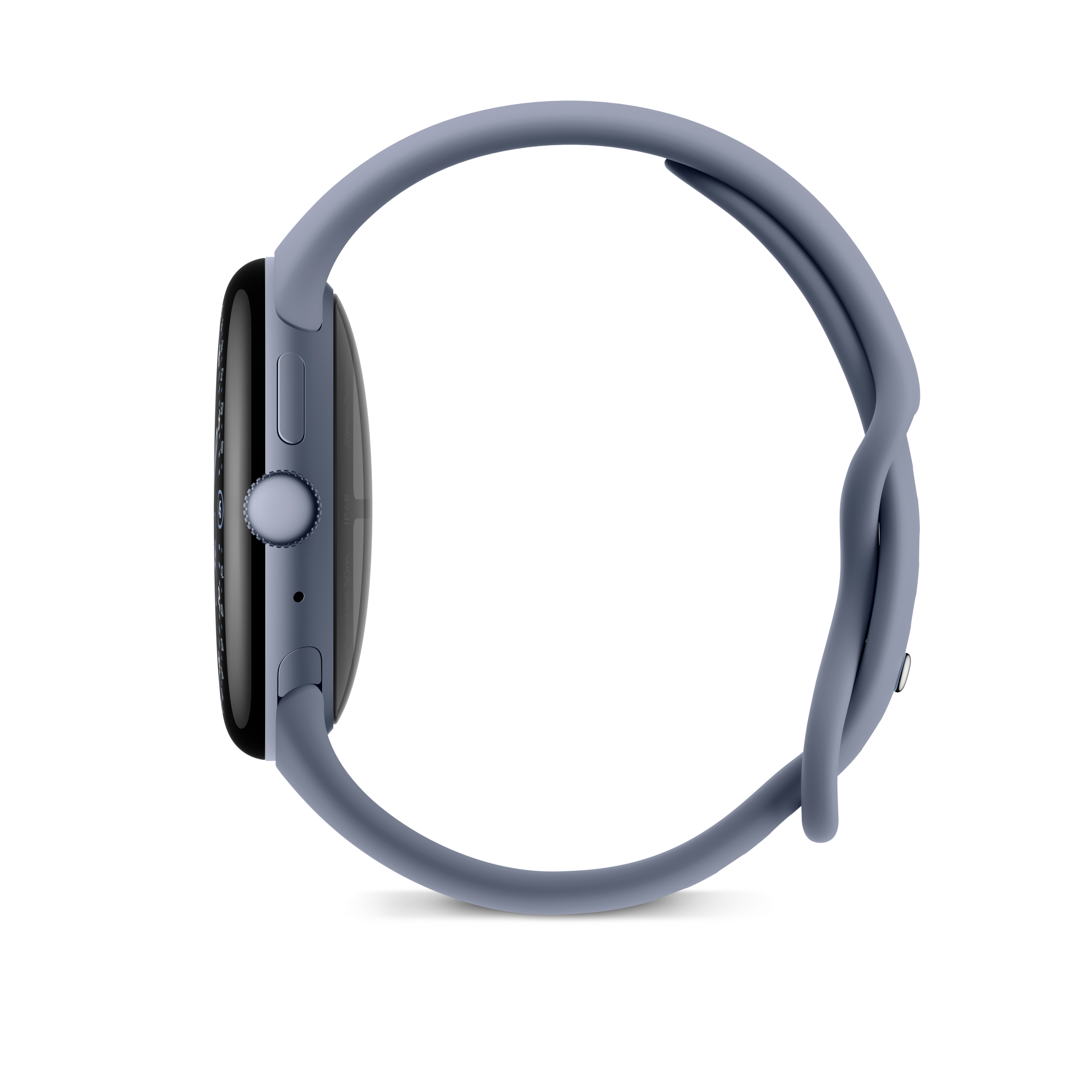 Seitenansicht einer blauen Smartwatch mit schwarzem Bildschirm und blauem Armband, vor weißem Hintergrund.