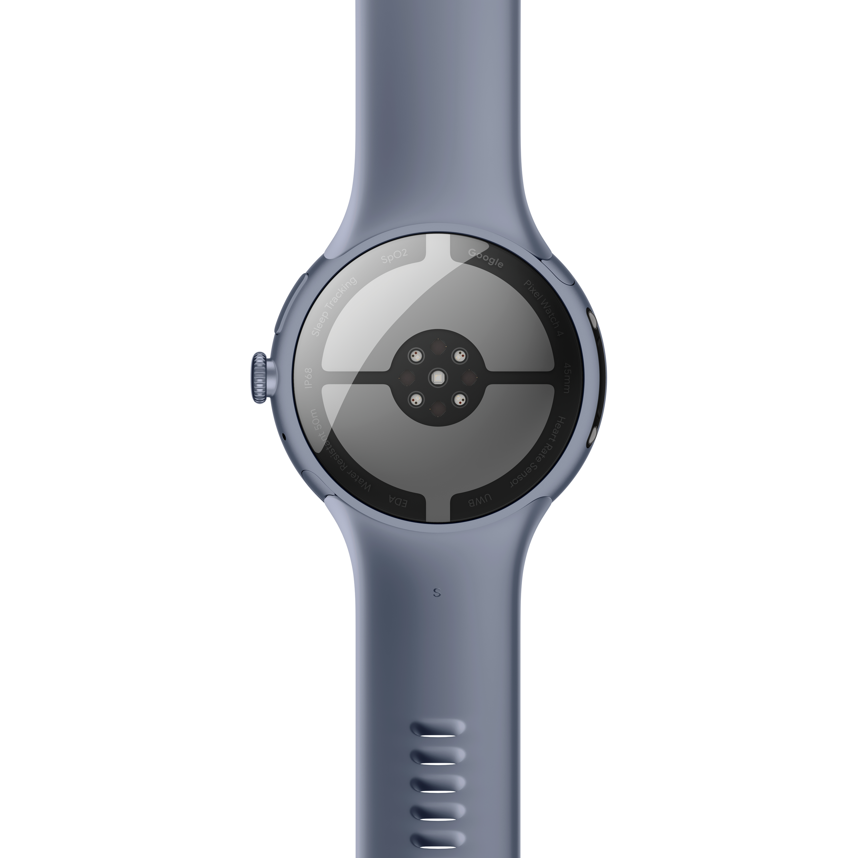 Nahaufnahme der Unterseite einer blauen Smartwatch mit Sensoren, Aufschriften wie 'Google' und Armband.