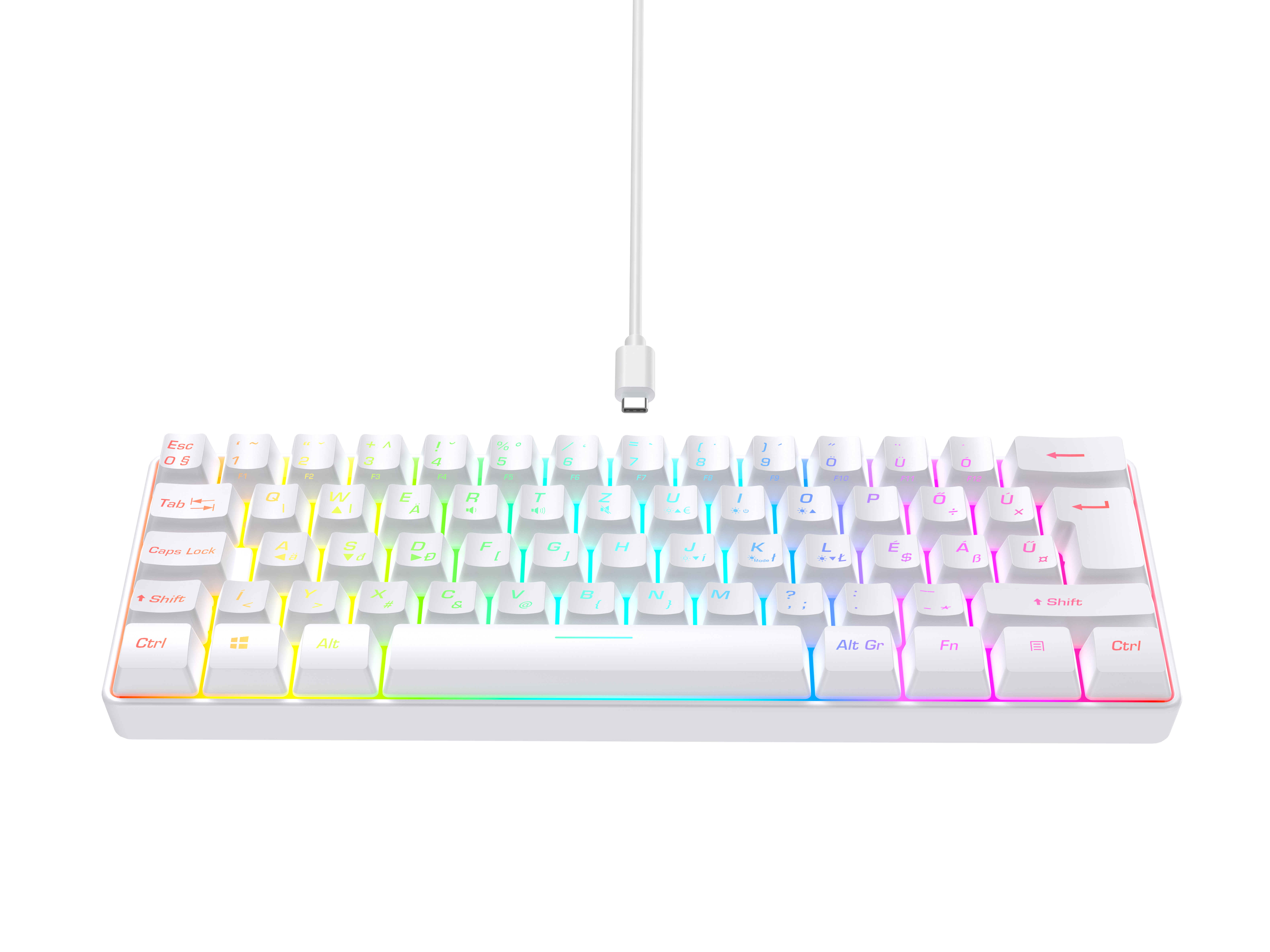 Fehér, 60%-os mechanikus billentyűzet szivárványszínű megvilágítású billentyűkkel és USB-C kábellel, fehér háttérrel.